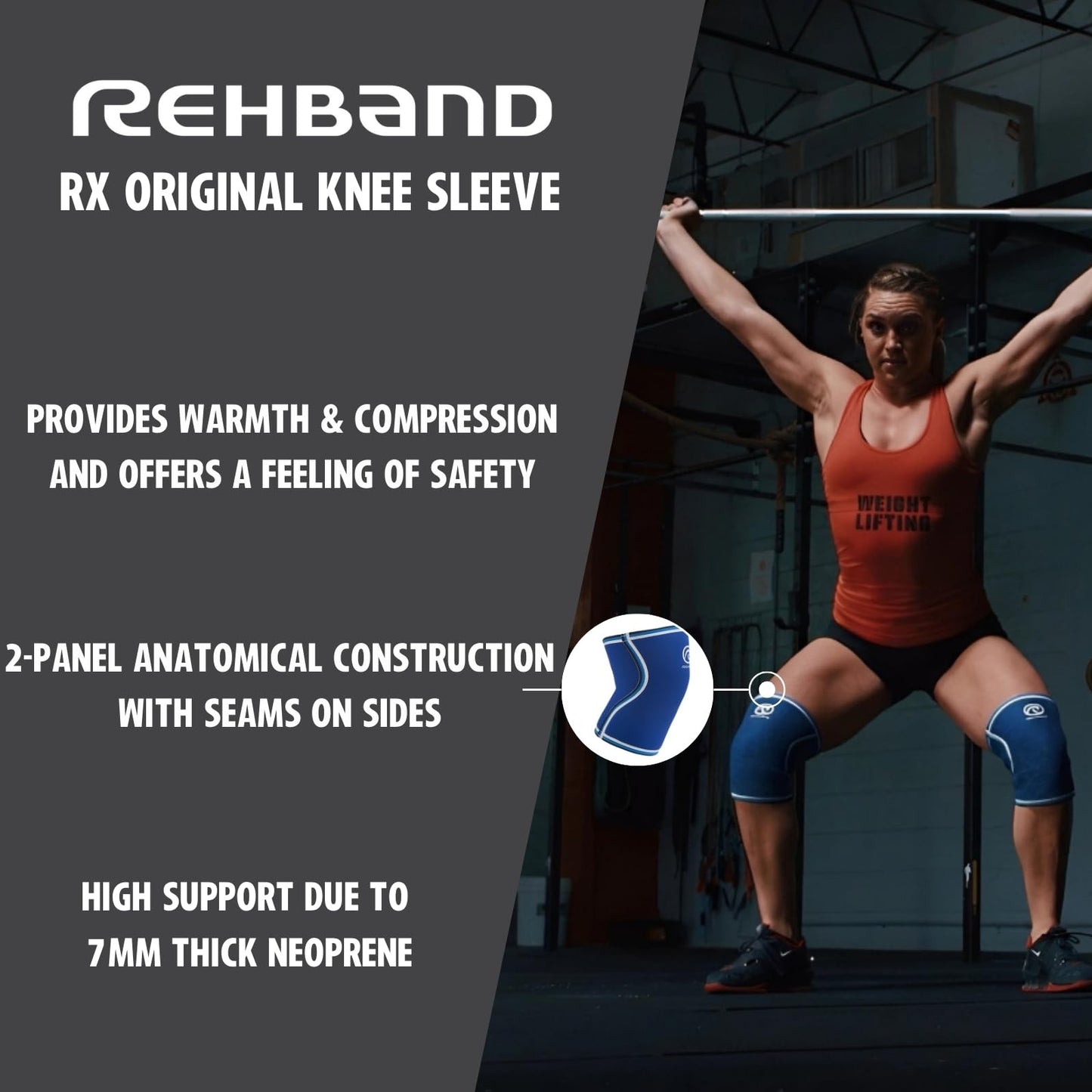 Rehband Classic Knee Sleeve for Strength Training - 7mm Neoprene Knee Brace Competition, Weightlifting, Flexible & Non-Slip Knee Support for Men & Women with anatomic shape, Colour:Blue - 1 Pair, Size:Large