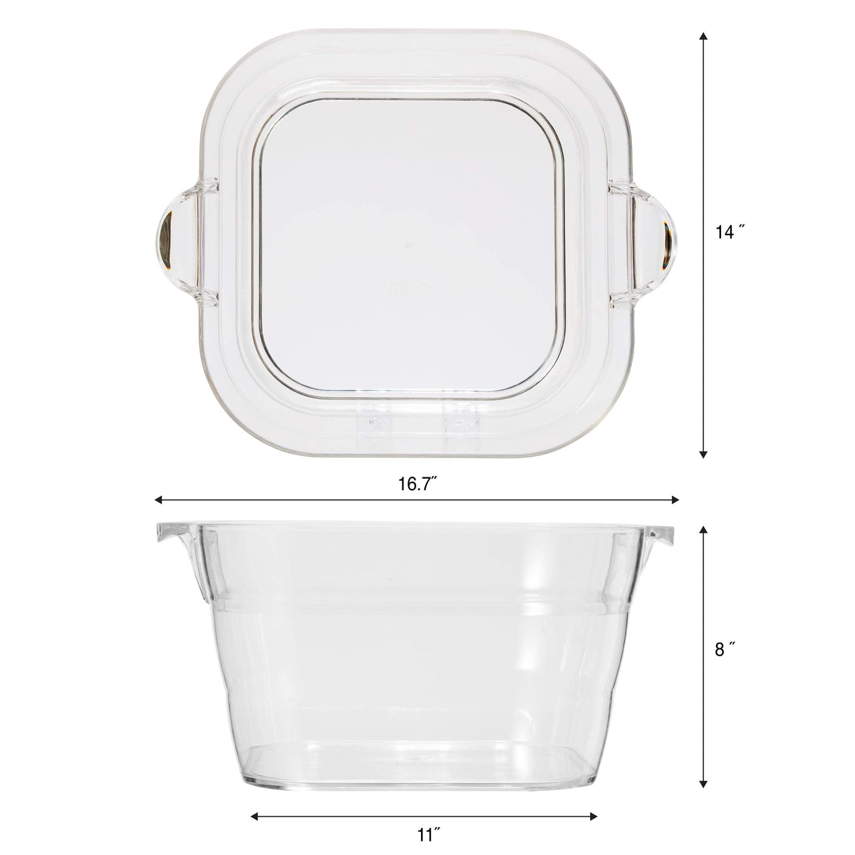 OGGI Acrylic Square Party Tub - Clear Beverage Cooler w/Handles, Wine Cooler, Beer Chiller, Ideal Party Tubs for Drinks, Use Ice Tub for Indoor or Outdoor Bars, 16.75" x 14"