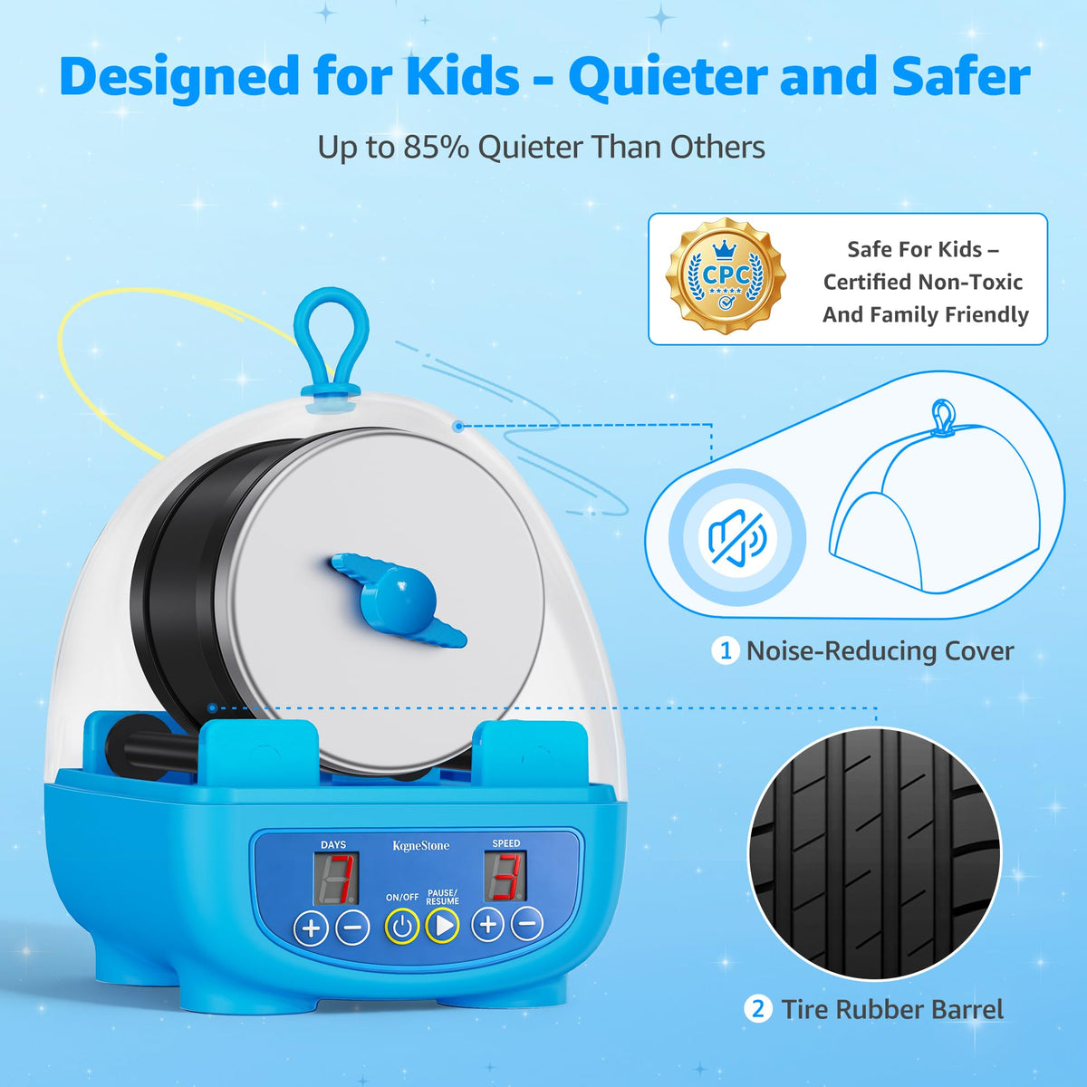 KomeStone K5 Rock Tumbler for Kids & Starters– Dual Noise-Reducing Rock Polisher with Timer, 3 Speeds & Memory Function, Complete Stone Tumbling Kit with Gems & All Accessories – A Fun STEM Gift