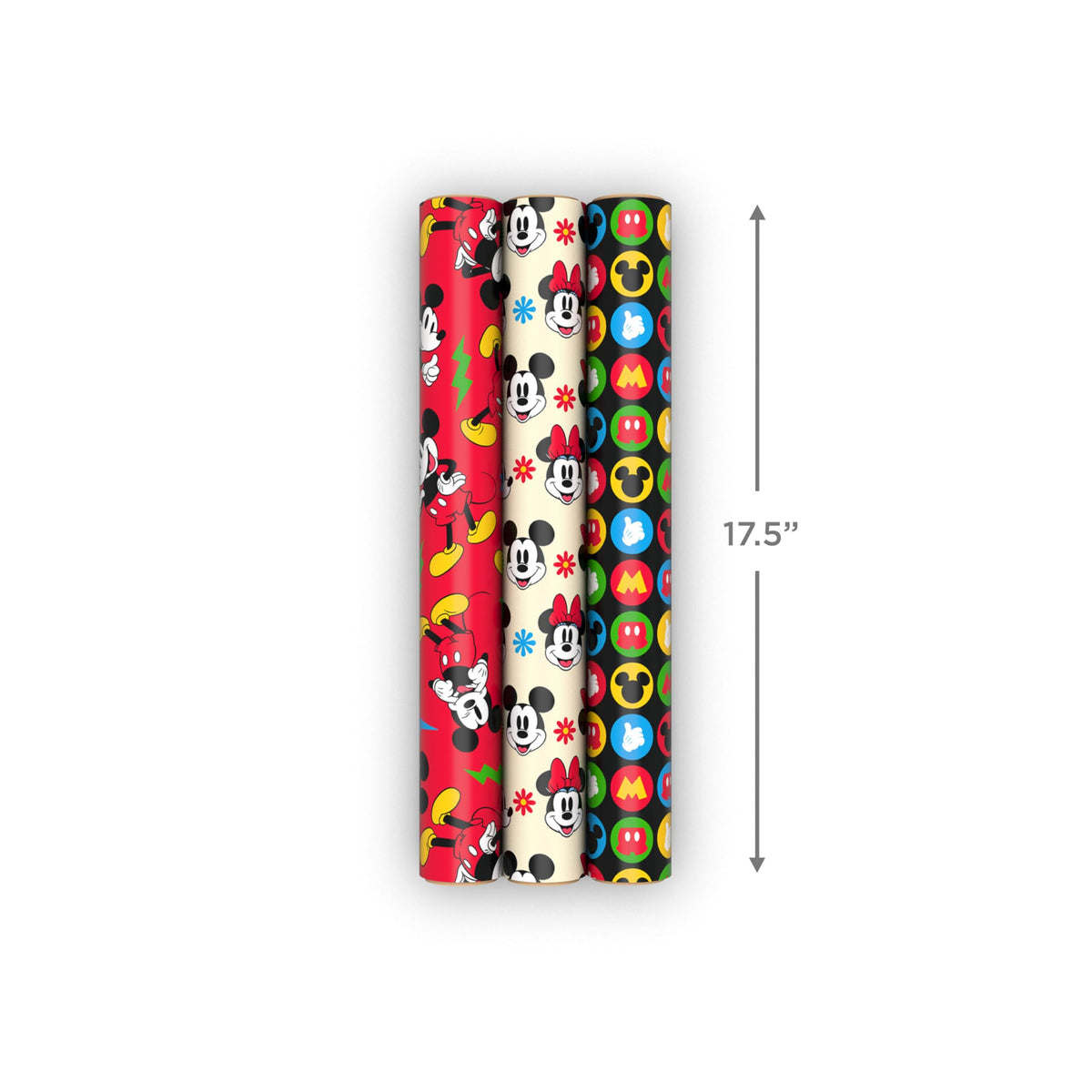 Hallmark Disney Mickey Mouse Wrapping Paper Mini Rolls, 3-Pack (Mickey, Minnie, Mouse Ears, Red and Black) for Birthdays, Graduations, Celebrations, Any Occasion - 45 Sq. Ft. Total