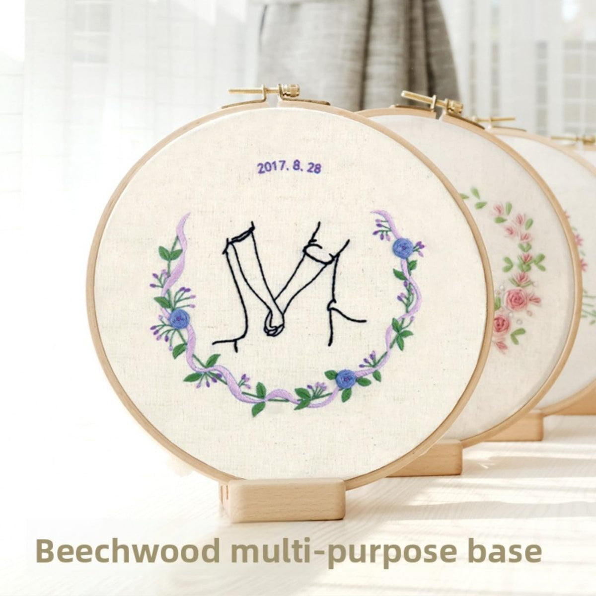 QIZUOLIFE Wooden Embroidery Hoop Stand Display Frame & Phone Holder for 7-10 Inch Hoops (3-Pack) Natural Wood Craftsmanship, 2-Tier Groove Design, Versatile Display and Home Decor