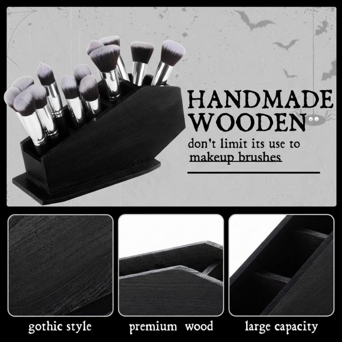 Fiwochic Coffin Wooden Holder Organizer Gothic Home Decor Spooky Gothic Gift for Pencil Makeup Brush Utensil Remote Control Toothbrush