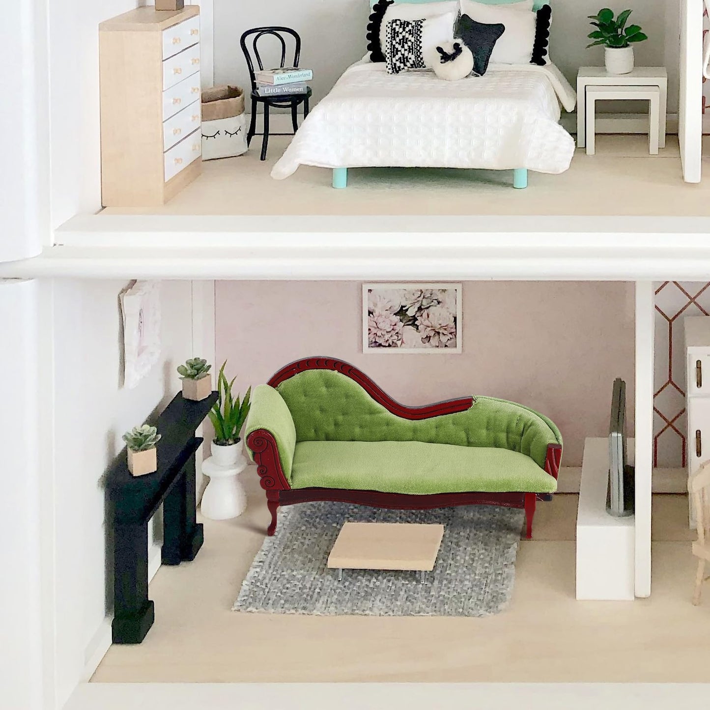 ABOOFAN 1:12 Scale Dollhouse Furniture, Victorian Miniature Couch with Carved Wood Frame, Miniature Sofa for Dollhouse Living Room Display