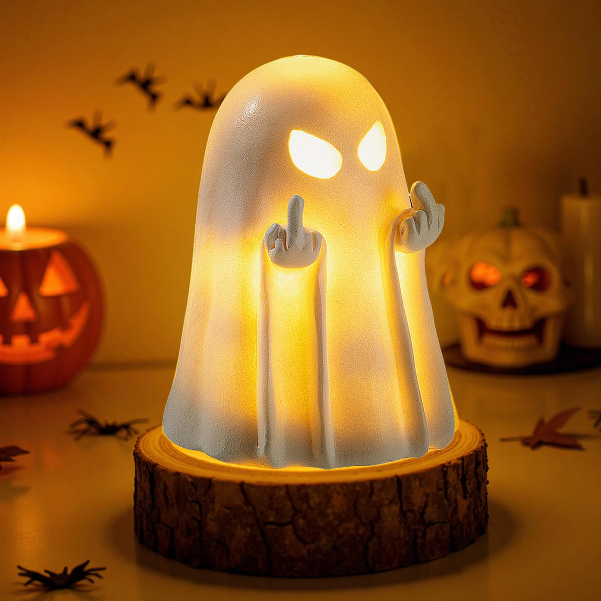 UNDWXFS Halloween Middle Light Up Ghost Figurine,5.1" Large Cute Spooky Ghost Statue,Halloween Decorations Indoor,Resin Statue for Party, Home, Indoor & Porch Decor
