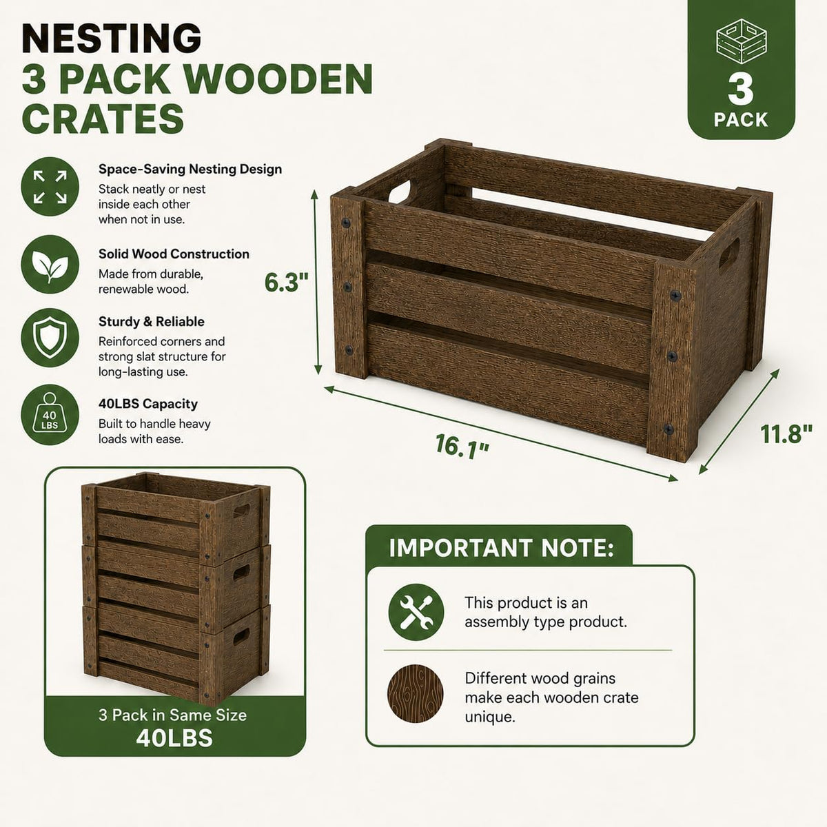 Wooden Crates for Display, 3 Pack Large Rustic Handmade Wood Crate for Storage, Wooden Basket with Handles, Nesting Crates Boxes for Container and Decor Living Room Outdoor Christmas (Extra Large)