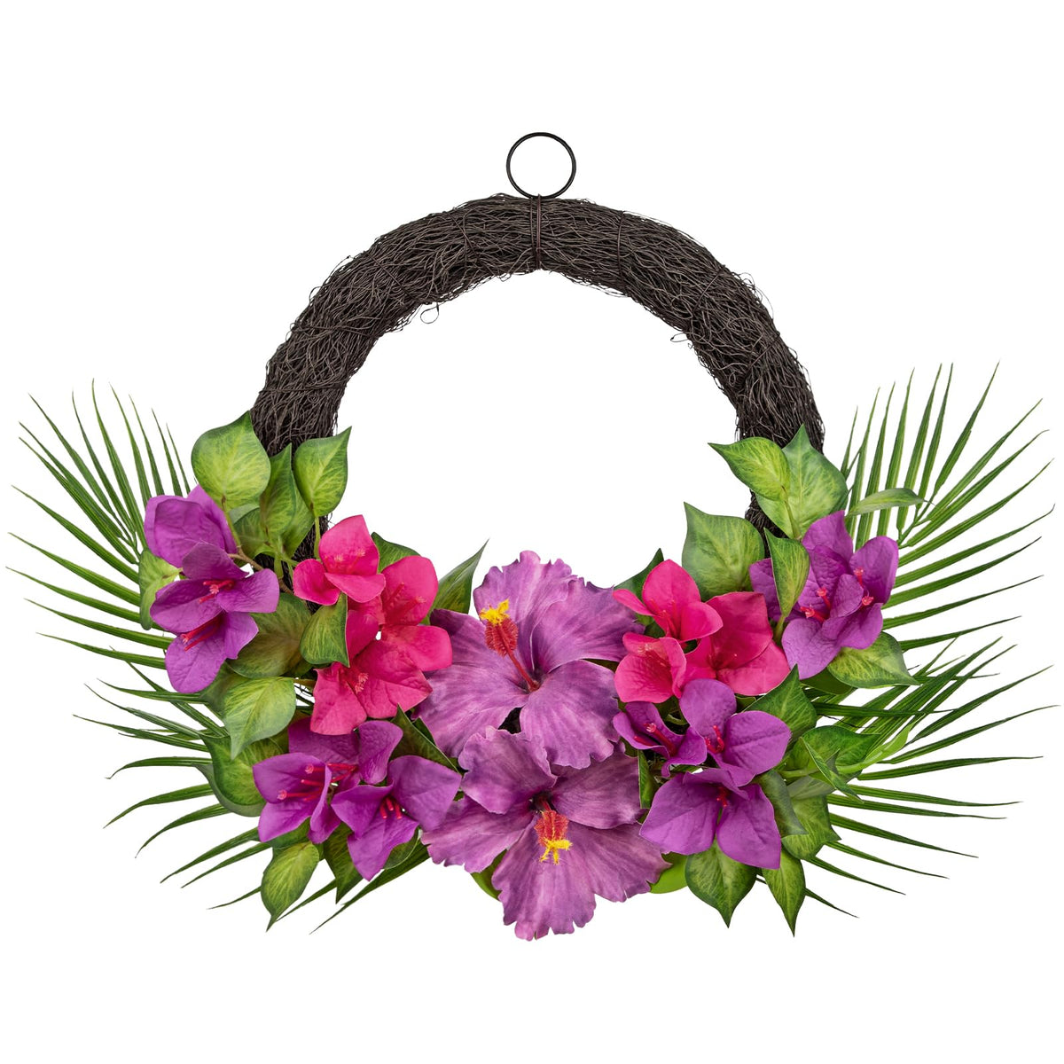 Briful Tropical Floral Wreath for Front Door, 19.6" Artificial Pink & Purple Hibiscus Flower Wreath with Palm Leaves, Summer Spring Wreaths for Wall Mantle Window Home Porch Decor