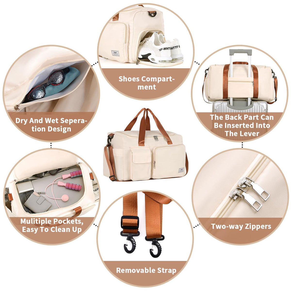 FIORETTO Women's Gym Duffle Bag with Shoes Compartment, 30L Capacity, Ideal for Travel, Gym, Sports, Duffel, Weekender, Beige& Brown