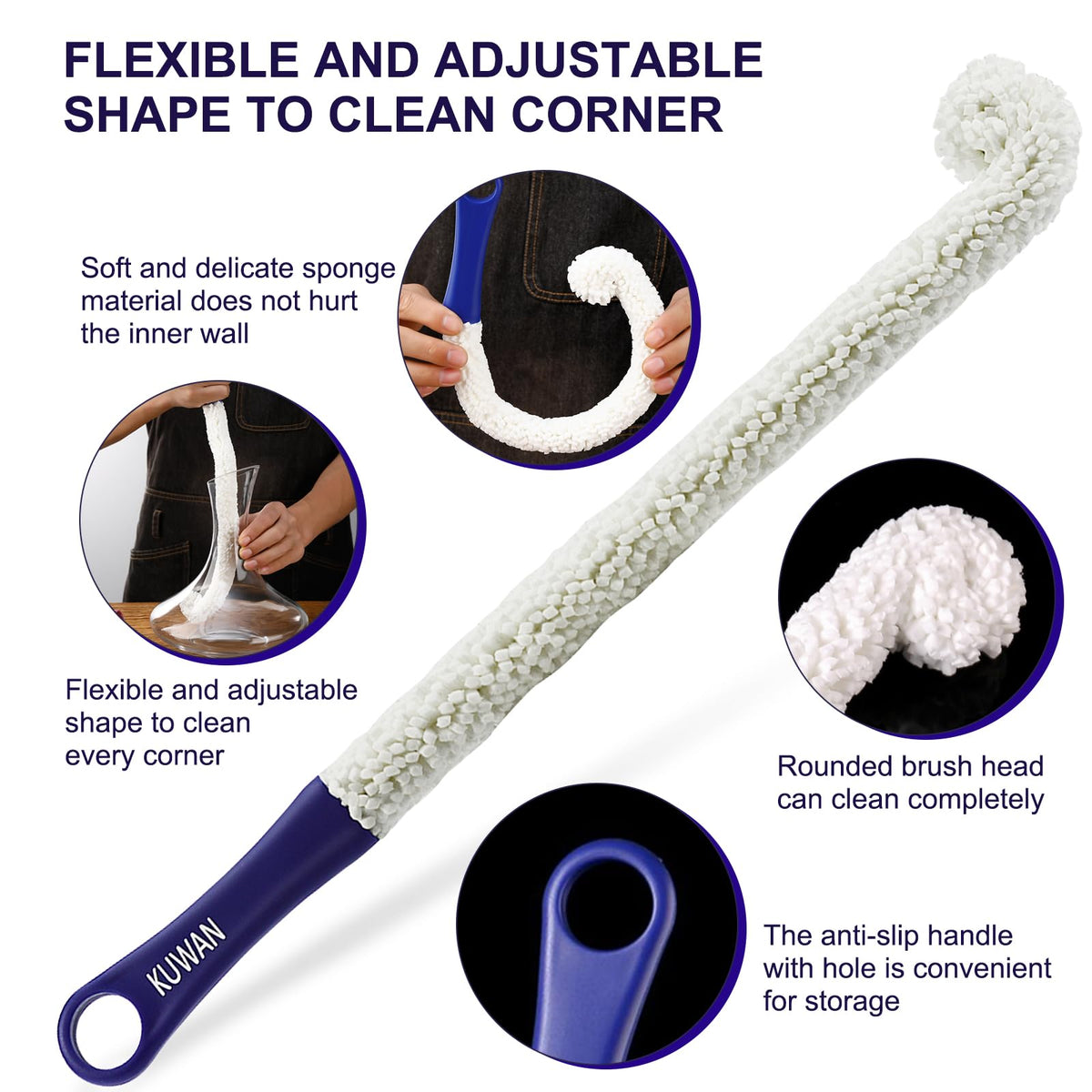 KUWAN Bottle Cleaning Brush Multi-Function Household Tools Flexible Bottle Scourer for Some Decanters, Goblets, Glasses, Cups (Long 3pcs)
