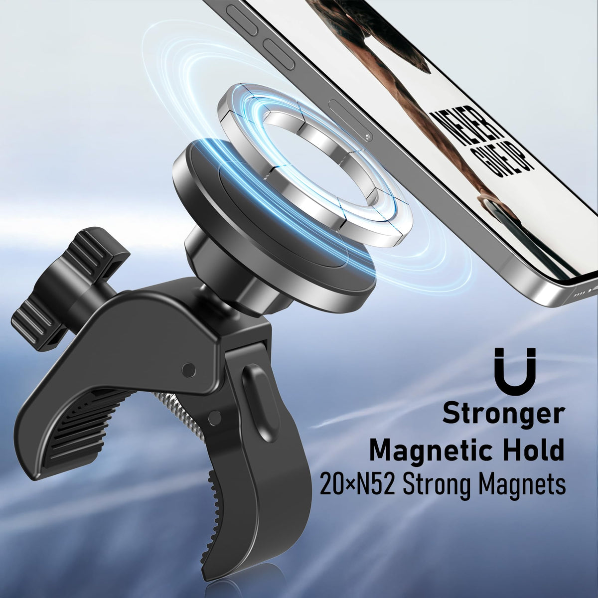 Magnetic Phone Holder Clamp Mount – 20 x N52 Strong Magnet Mount for Gym, Spin Bike (Fits Peloton), Treadmill, Stroller, Golf Cart, Shopping Cart – Compatible with Mag-Safe iPhone 12-17 Series