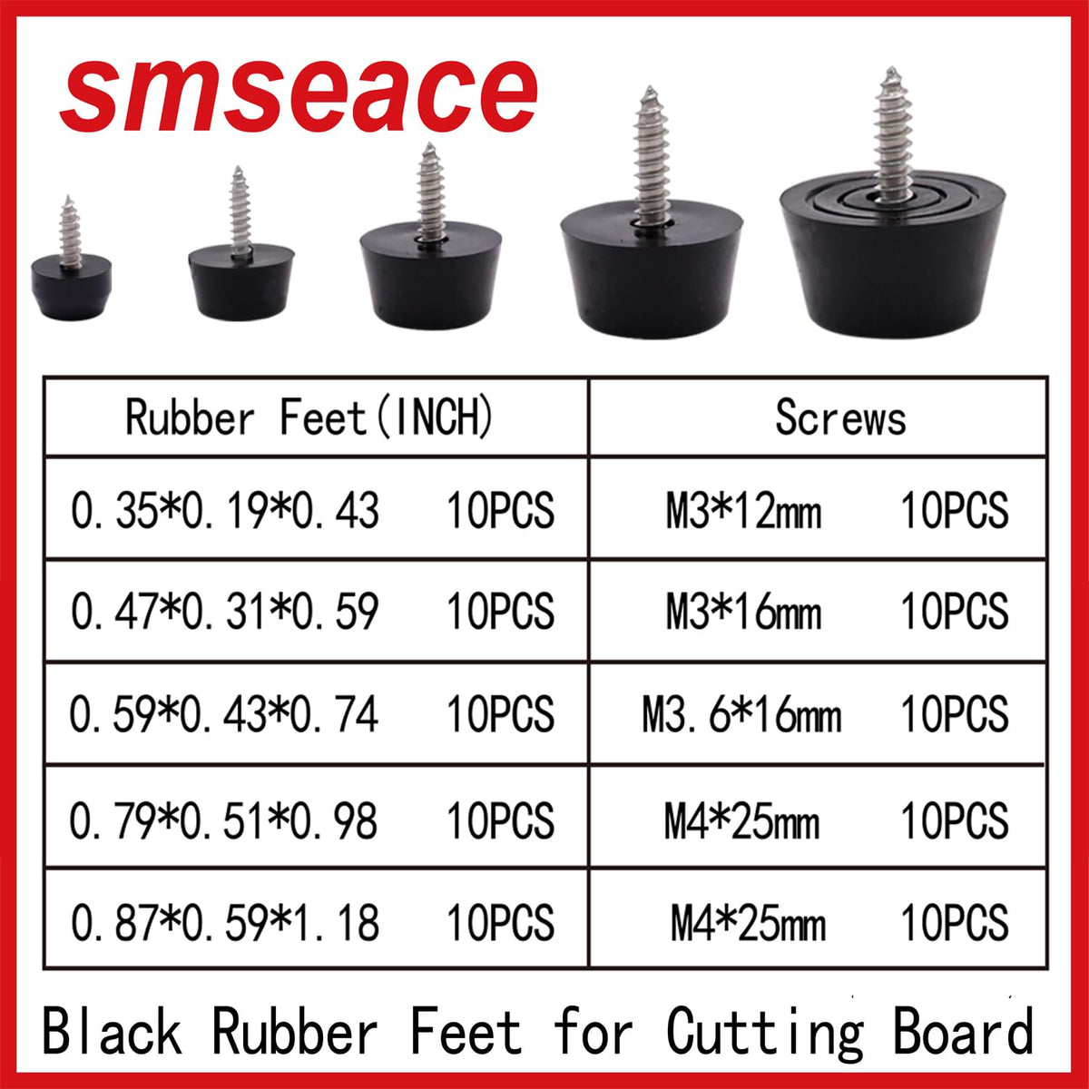 smseace 100PCS(5 Sizes) Rubber Feet for Cutting Board, Built-in Stainless Steel Washer and Screws, Non-Slip Rubber Feet for Furniture, Electronics, Tables, Sofas