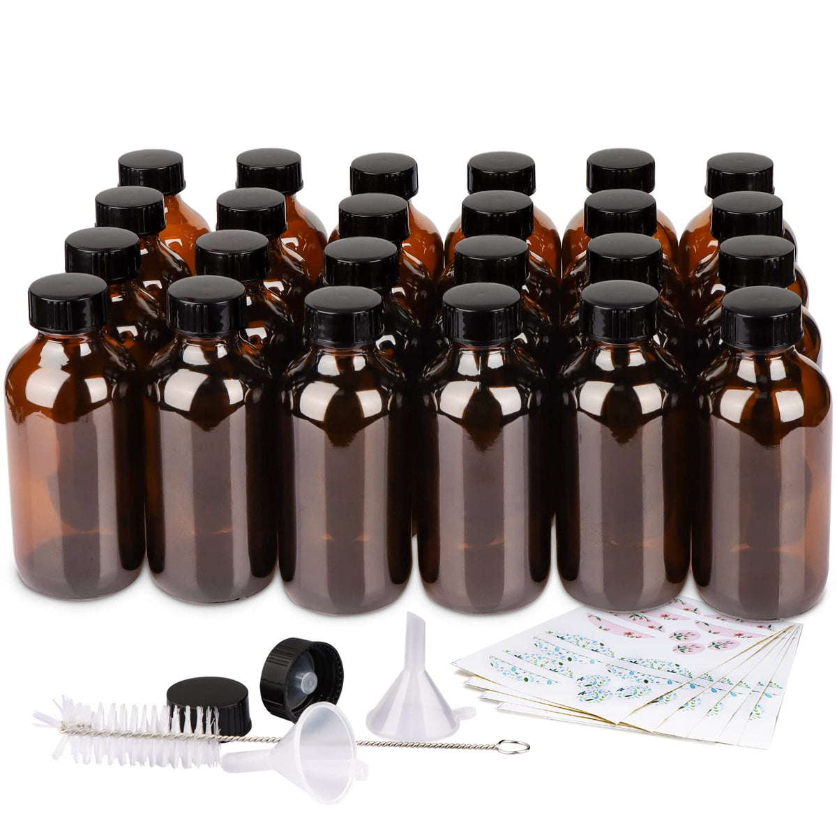PINIWON 24 Pack 4 oz Amber Glass Bottles, 120ml Boston Round Sample Bottles with Black Poly Cone Caps, Labels, Funnels and Brush