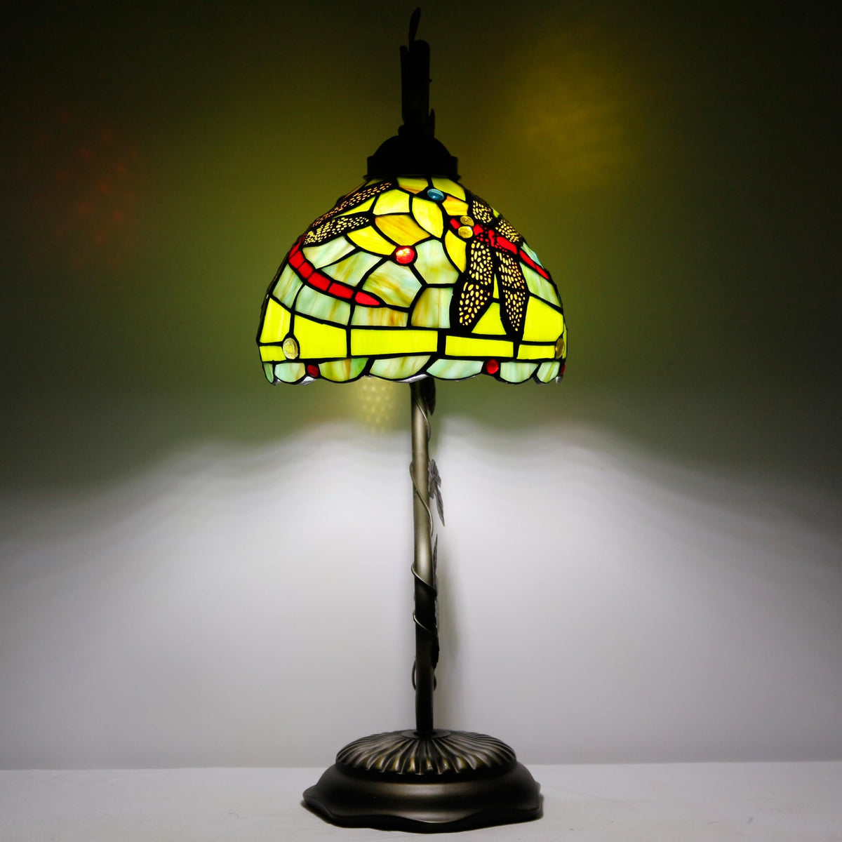 ZJART Tiffany Lamp Stained Glass Table Lamp Metal Leaf Desk Reading Light 8X10X21 Inch Decor Small Space Bedroom Home Office (Green Red Dragonfly)