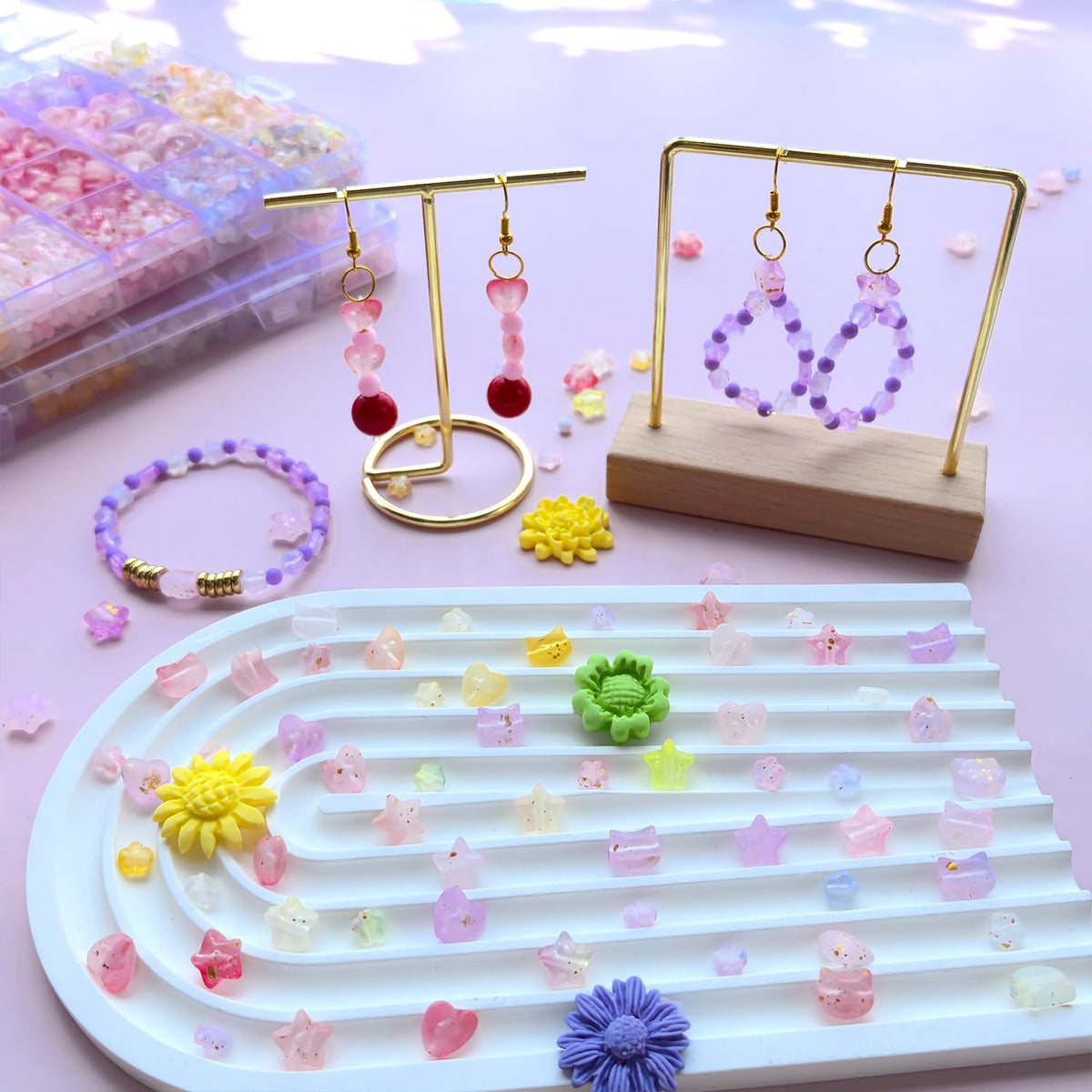 1300Pcs Pink Purple Assorted Acrylic Beads for Bracelet Jewelry Making, Frosted Star Heart Flower Cute Cat Head Shape Beads Matte Pastel Beads Cute Aesthetic Kawaii Bead for DIY Necklace Keychain