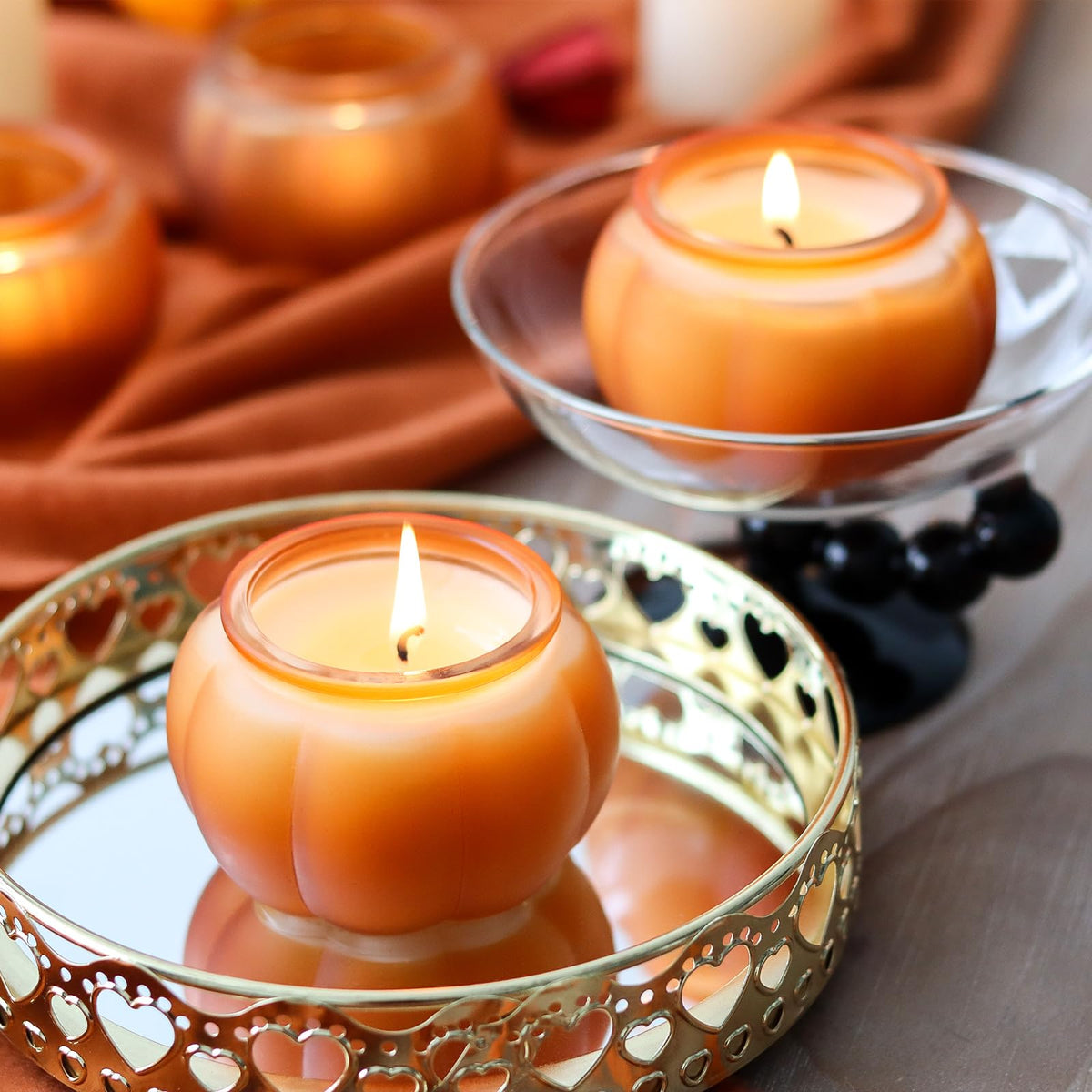 SYFURNIX Pumpkin Candle Jar for Making Candles, 4PCS Orange Glass Candle Jars with Lids, Small Candle Containers for DIY Candle Gifts Halloween Fall Thanksgiving Table Decorations