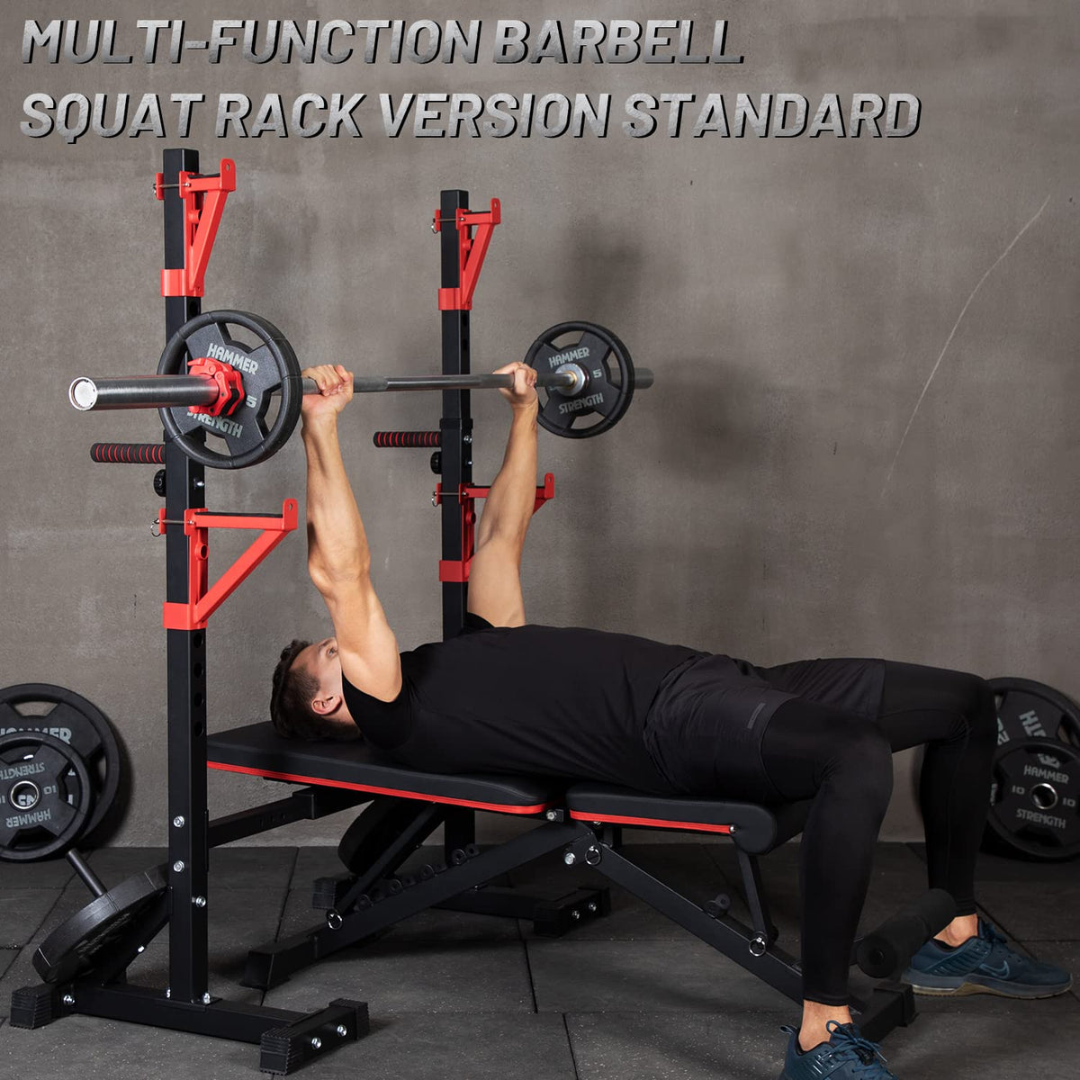 CANPA Squat Rack, Adjustable Barbell Rack Strength Training Barbell Stand with Dip Station Multi-Function Squat Stand Equipment for Home Gym Fitness 600Lbs（red）