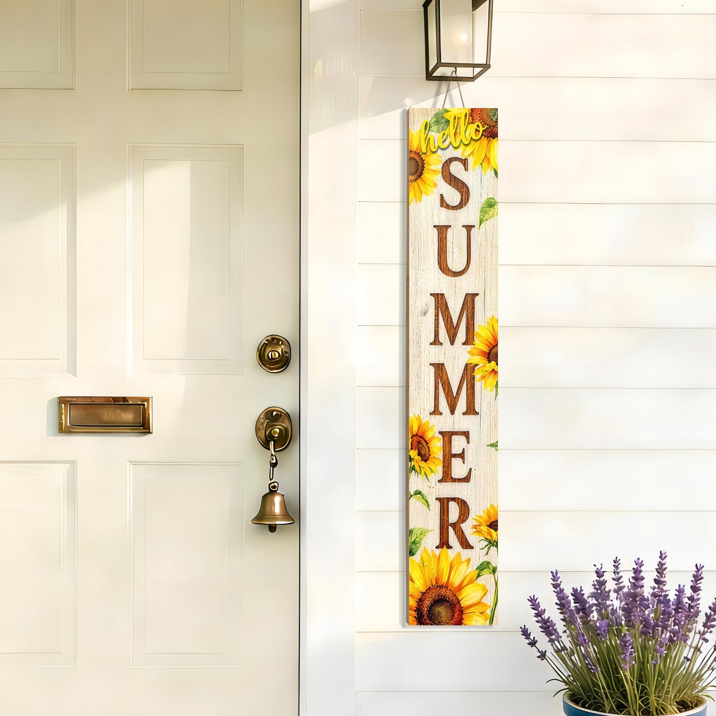 Hello Summer wooden porch sign Vertical hanging decorations Welcome sign front door standing Decorative sign 47x7.8Inch Sunflower pattern Suitable for Outside Decor