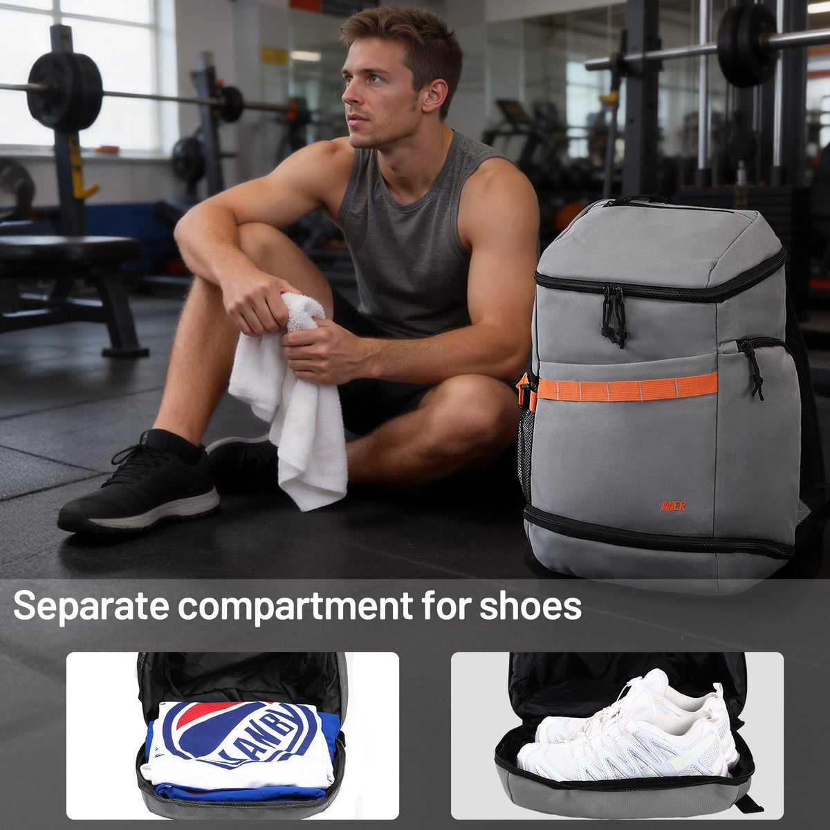 MIER Gym Backpack for Men Women, 35L Basketball Backpack with Shoe Compartment & Wet Pocket Waterproof Sports bag for Travel Workout, Gray