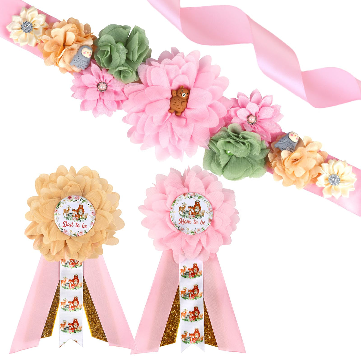 JOYMEMO Pink Woodland Animal Baby Shower Maternity Sash Kit - Woodland Theme Baby Shower Belly Belt and Mom to Be & Dad to Be Corsage Pins, Pregnancy New Parents Photo Props Party Supplies