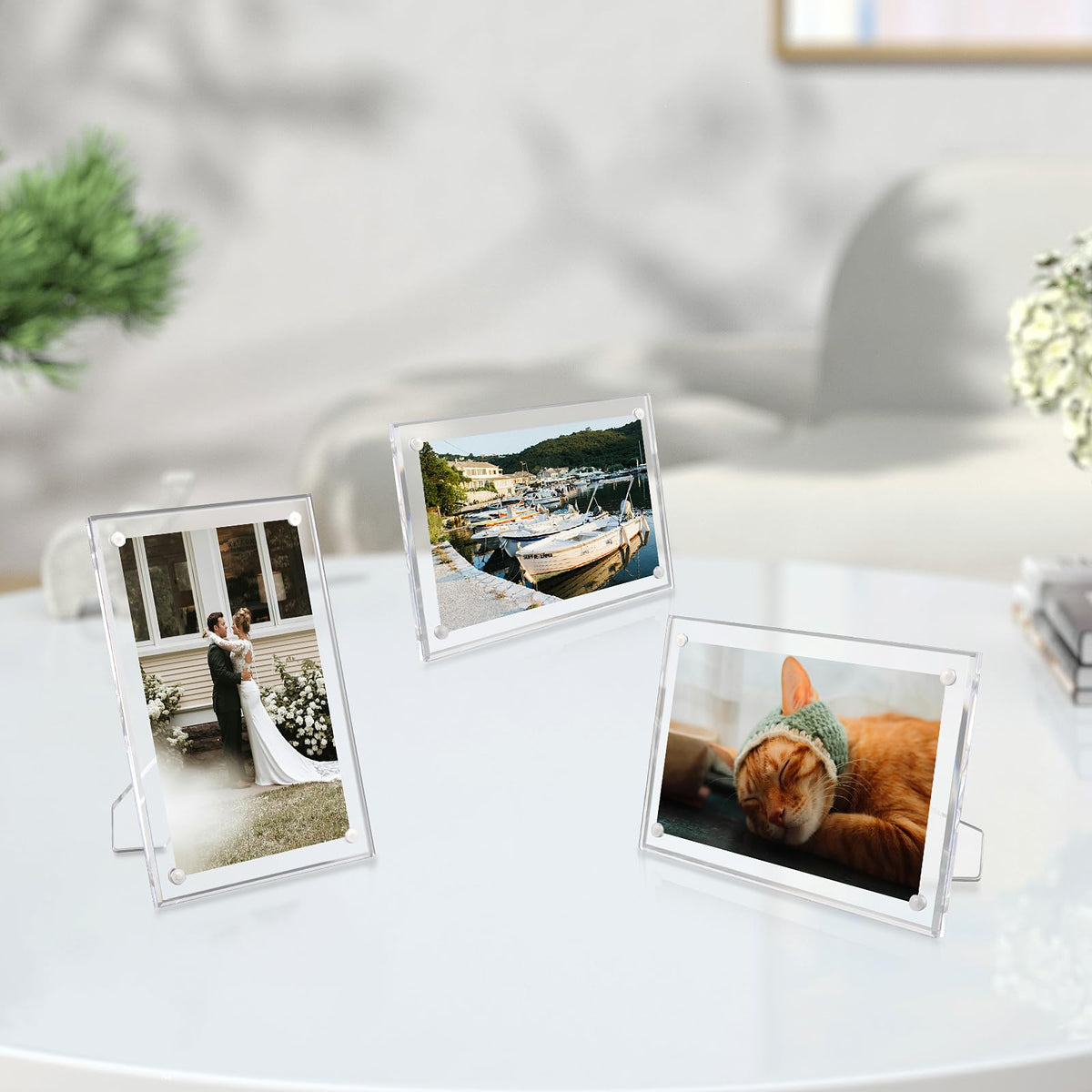 3 Pack 4x6 Acrylic Picture Frames with Stand, Floating Effect, Frameless Frame with Strong Magnets, for Wedding Sign Reception, Decoration, Photos and Art Display