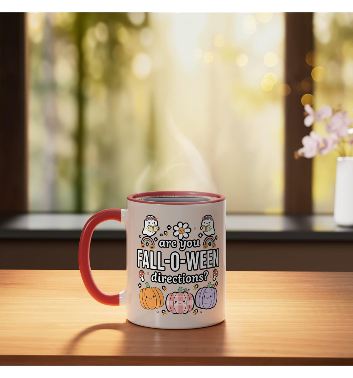 Halloween Fall-O- Cute Pumpkin Ghosts Kawaii Autumn Ceramic Mug, Red/White