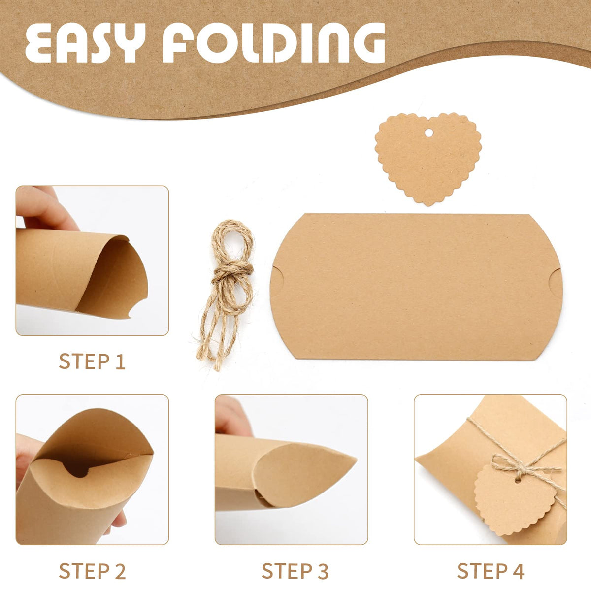 Saihisday 50PCS 5 x 3.5 Inches Kraft Pillow Boxes Large Kraft Pillow Candy Box Mini Foldable Gift Box Gift Boxes Jewelry Soap Packaging for Anniversary, Birthday, Graduation Halloween Party (Heart-shaped Blank Tag)