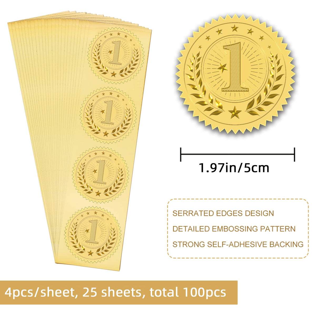 CRASPIRE 2" 1st Gold Foil Sticker Medal Award First Place 100pcs Certificate Seals Gold Embossed Round Embossed Foil Seal Stickers for Envelopes Invitation Card Diplomas Graduation Ofiicial