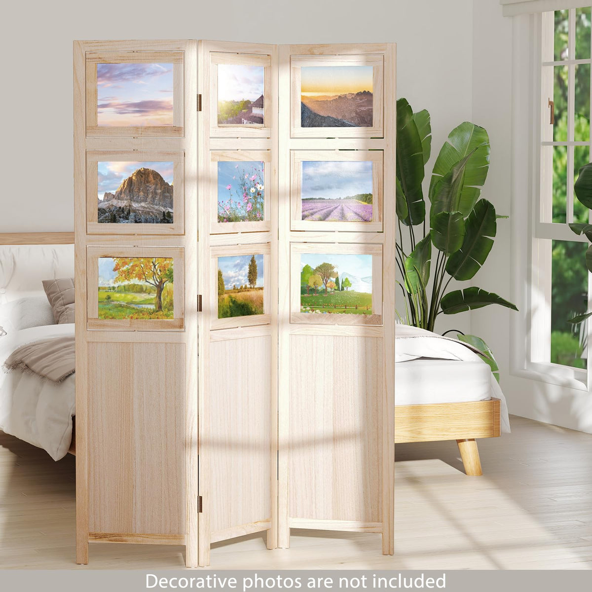 Giantex 3 Panel Room Divider with 9 Rotating Picture Frames, 67'' Folding Privacy Screen for Photo Display, Freestanding Wood Wall Partition for Room Separation, Bedroom, Office, Natural