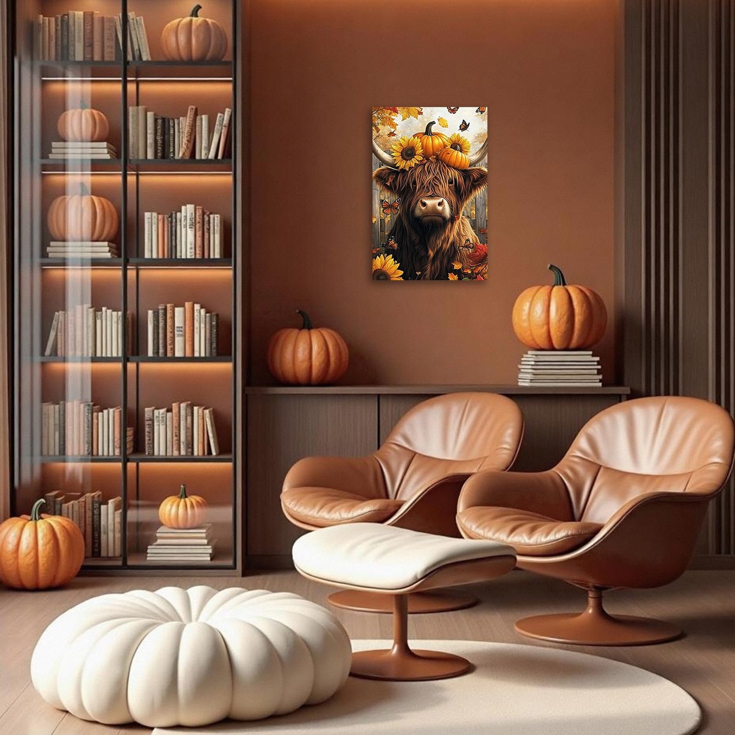 YMXDYMJSW Fall Canvas Wall Art Highland Cow with Pumpkin Pictures Prints Sunflower Paintings Autumn Harvest Artwork for Thanksgiving Kitchen Decor Framed (Brown,20L x 16W)