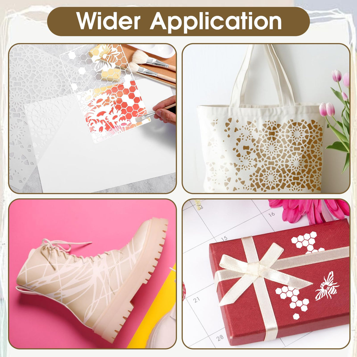 12Pcs Mixed Stencils for Painting, Art Stencils for Crafts Reusable, Wood Grains Flower Texture Templates Spider Web Layering Spray Paint Stencils Kit on Wall Canvas Cake Card DIY (11×7'')