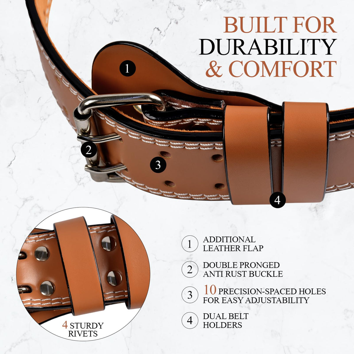 Leather Gym Fitness Belt, 4" & 6" Padded Lumbar Back Support, 10 Adjustable Holes for Weightlifting Powerlifting Bodybuilding Deadlift Squat Workout Strength Training (4-Inch, Brown, 28"-32")