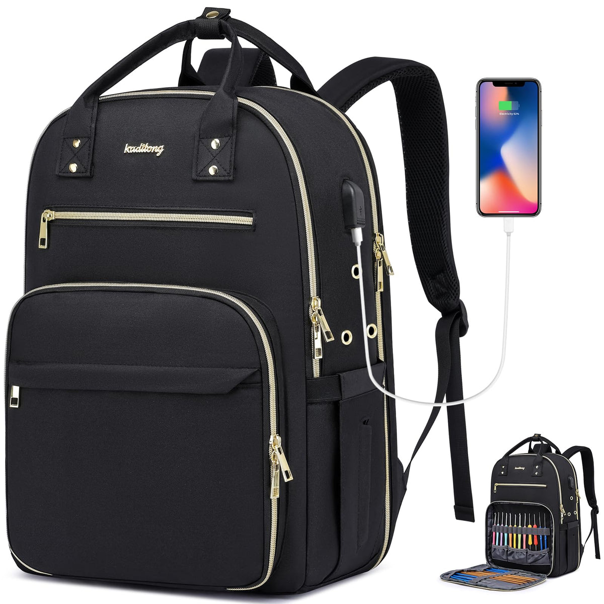 kadilong Knitting Bag Crochet Backpack for Crocheters,Yarn Organizer Storage for Knitters Travel,Large Capacity Crochet Bag Yarn Storage Tote Bag with USB Port Knitting Gifts for Women