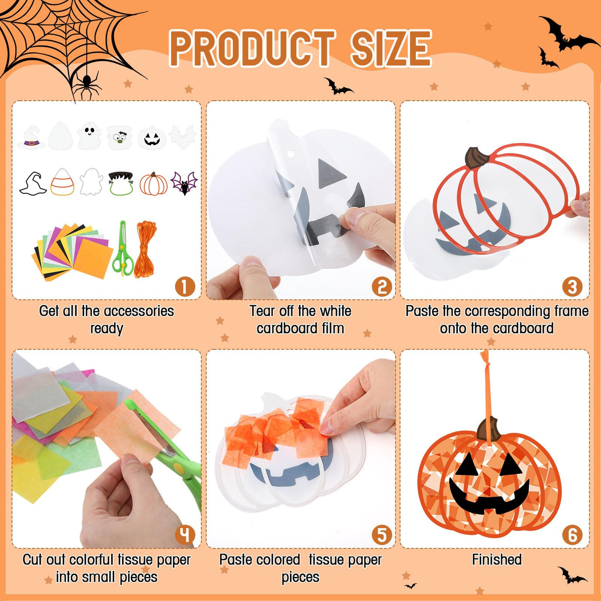 Feifeiya 24 Set Halloween Suncatcher Crafts with Tissue Paper DIY Stained Glass Effect Sun Catcher Kit Make Your Own Halloween Crafts Hanging Ornaments for Window Activity Creative Projects