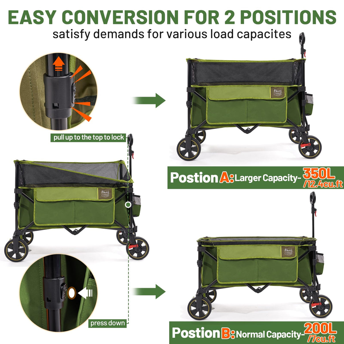 Timber Ridge Collapsible Folding Wagon 350L Extra Large with Brake, Heavy Duty Camping Utility Cart Outdoor, Extended Height Adjustable Handle, Cup Holders, Side Bag, Green