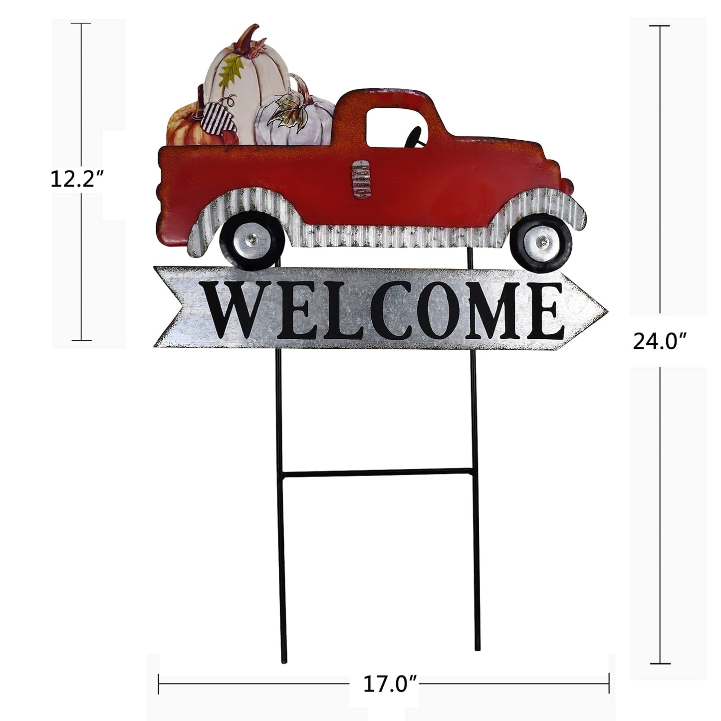Red Truck Christmas Yard Sign with Interchangeable Christmas Tree Pumpkin Ornament Loads Rustic Metal Pickup Welcome Yard Sign Xmas Outdoor Garden Lawn Stake