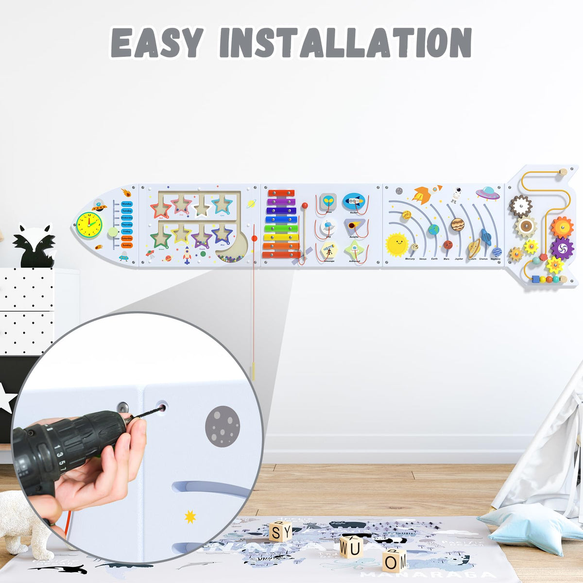 nigwet Rocket Activity Wall Busy Board Panels - Sensory Wall Panel for Kids, Montessori Toddler Wall Activity Board, Wall Toys for Toddlers 3, Activity Cube, Wood Activity Boards, White Grey