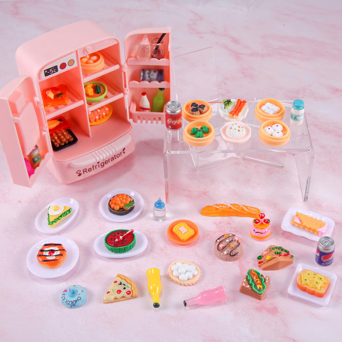 95 Pcs Dollhouse Refrigerator Mini Fridge Table Dining Car Toy with Food Set Kitchen Furniture Miniatures Party Fruits Juice Milk Desserts for Children Drink Cake Pretend Play Game Fake Ice Cubes