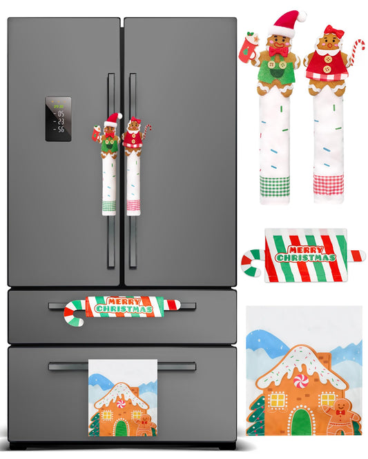 CORALMEE Christmas Refrigerator Handle Covers Set of 4, Gingerbread Kitchen Decor Refrigerator Door Handle Covers for Xmas, Christmas Fridge Handle Covers, Gingerbread Decor for Kitchen Home Decor