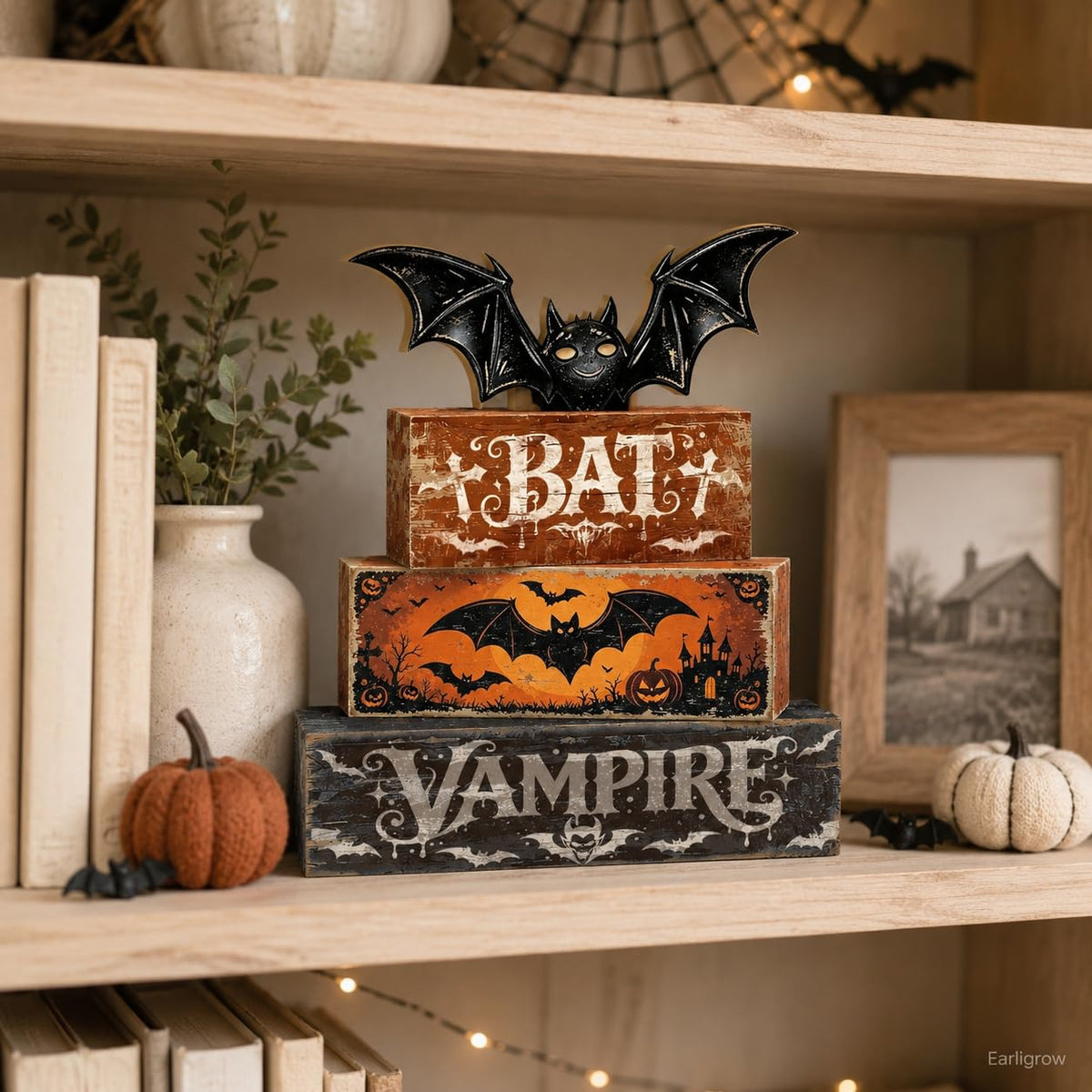 4 Pcs Halloween Table Decorations Bat Tiered Tray Decor Farmhouse Rustic Wooden Block Signs with Vampire & Jack-o'-Lantern Halloween Tabletop Centerpiece for Home Kitchen Shelf Mantel Office Desk