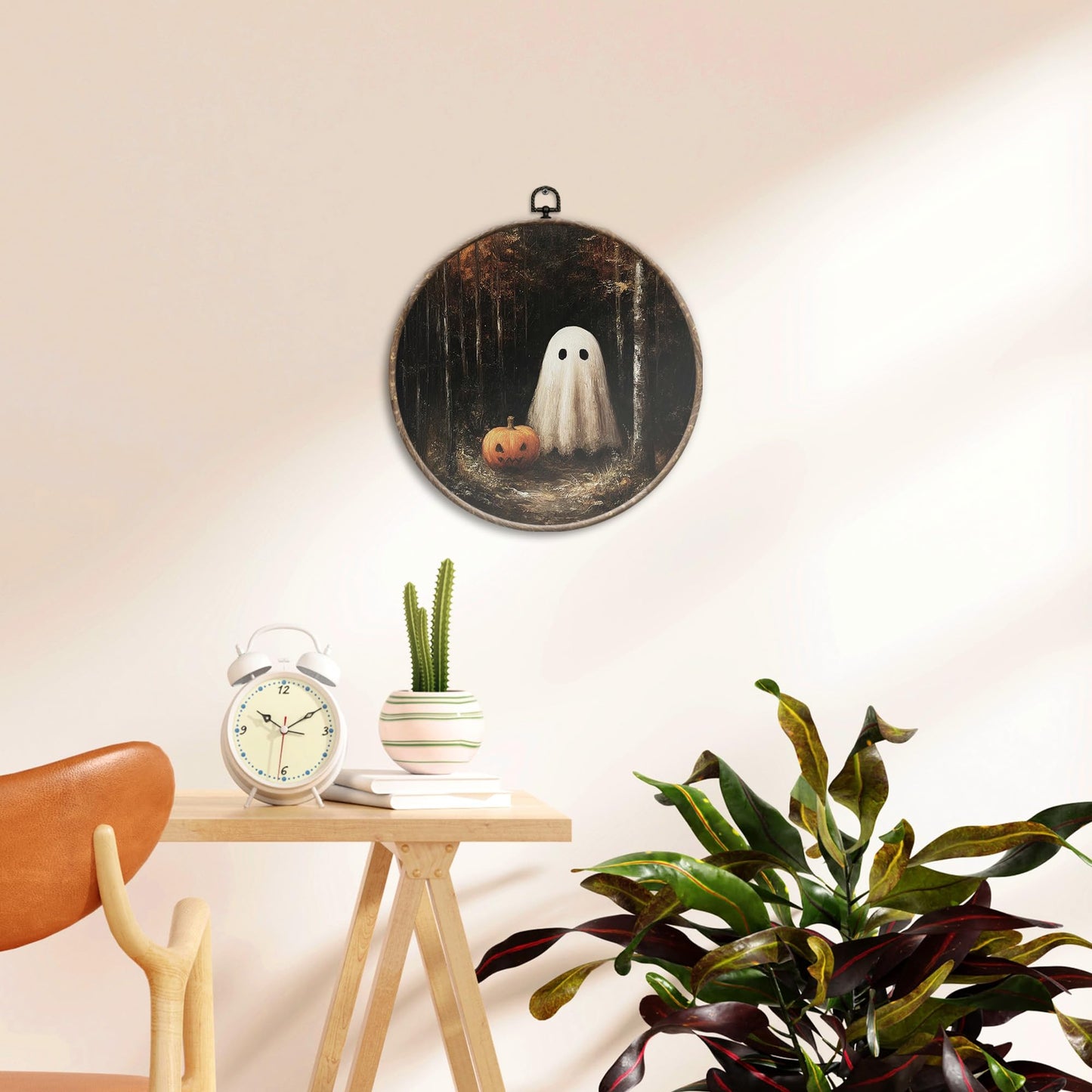 EGVQK Halloween Ghost Pumpkin Round Wall Art, Dark Academia Forest Framed Canvas Prints Wall Art, Halloween Spooky Ghost Pumpkin Round Canvas Hanging Walls Decor for Home Bedroom Decorations, 10x10in