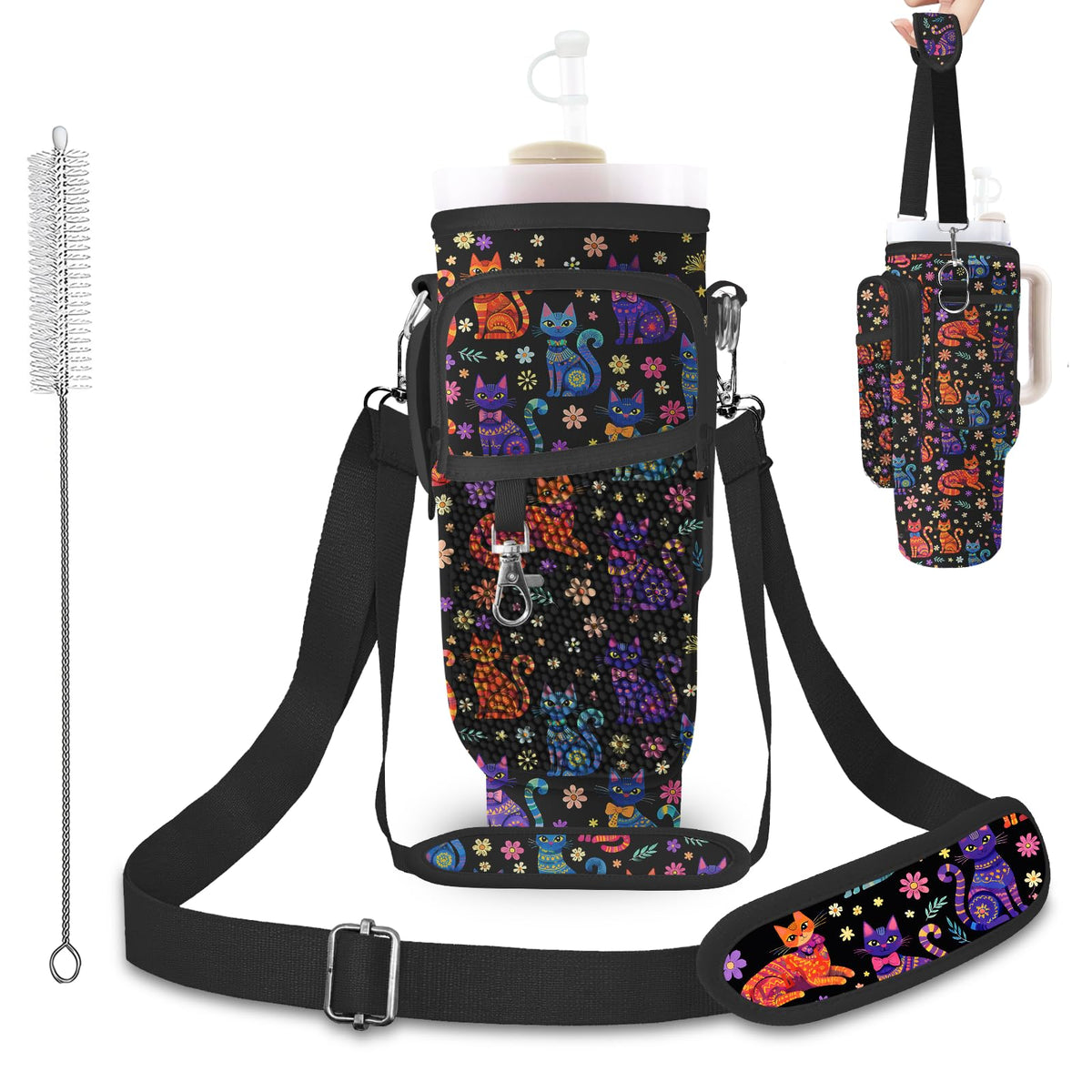WOHAXAHOW Cat Stanley Water Bottle Bag with Adsjust Strap for 30/40 Oz Tumbler, Water Bottle Carrier with 3 Pockets, Cleaning Brush & Straw Cover, Stanley Cup Carrier Bag for Walking, Gym, Yoga