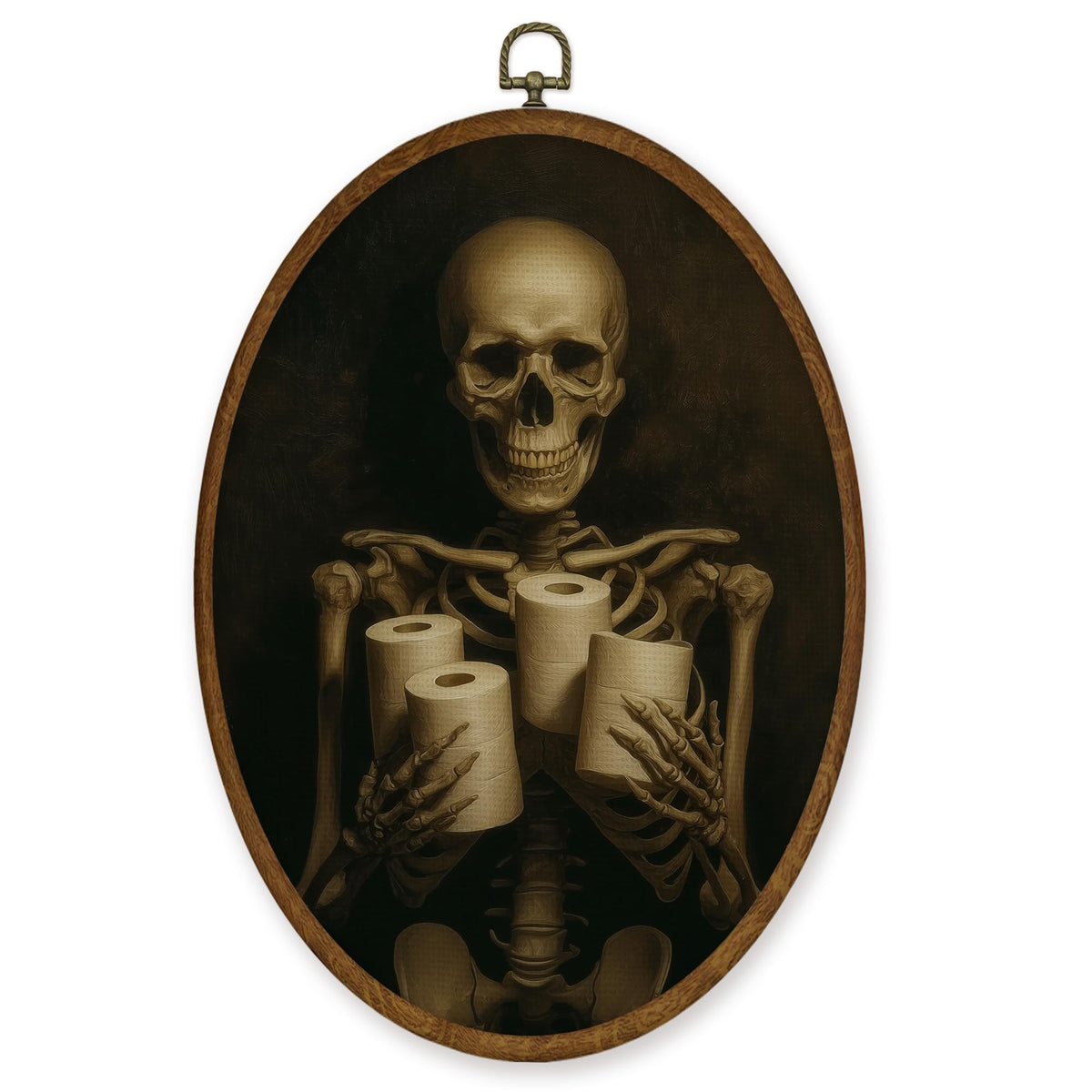 WULQYING Funny Gothic Skeleton Bathroom Wall Art Decor, Dark Academia Skeleton Oval Framed Canvas Art Prints, Halloween Wall Hanging Decor for Home Bathroom Washroom Restroom Toilet, 8.6x11.4 Inches