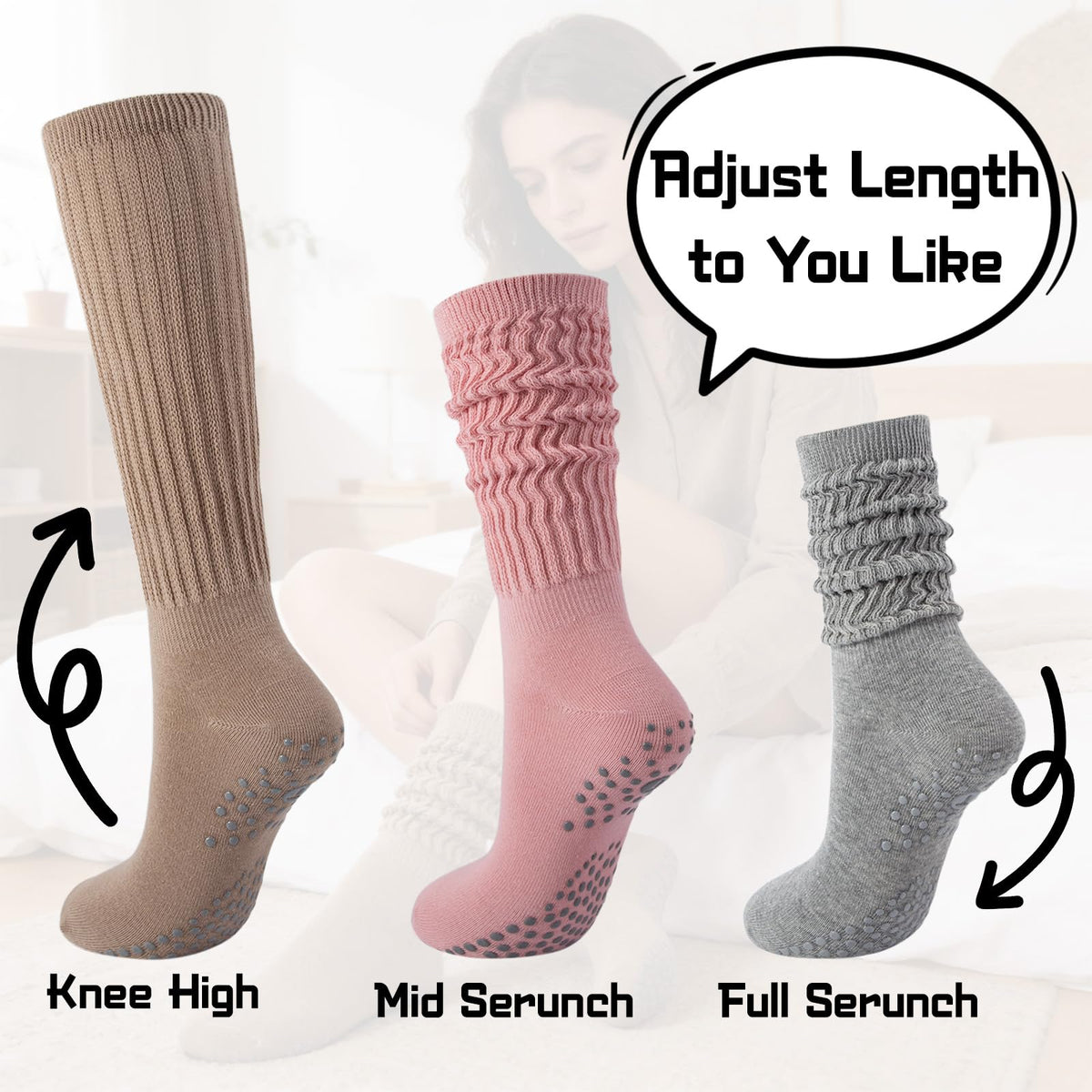 MKYSZLT 6 Pairs Grip Pilates Socks for Women Non Slip Grippy Slouch Scrunch Yoga Barre Socks with Grips Workout Hospital (1#(white,black,khaki,gray,pink,beige))