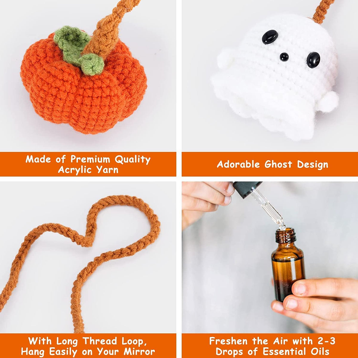 Halloween Car Ornament Crochet Pumpkin and Ghost Car Pendant for Car Mirror Upholstery Accessories, Hand Knitted Mirror Charm (2)