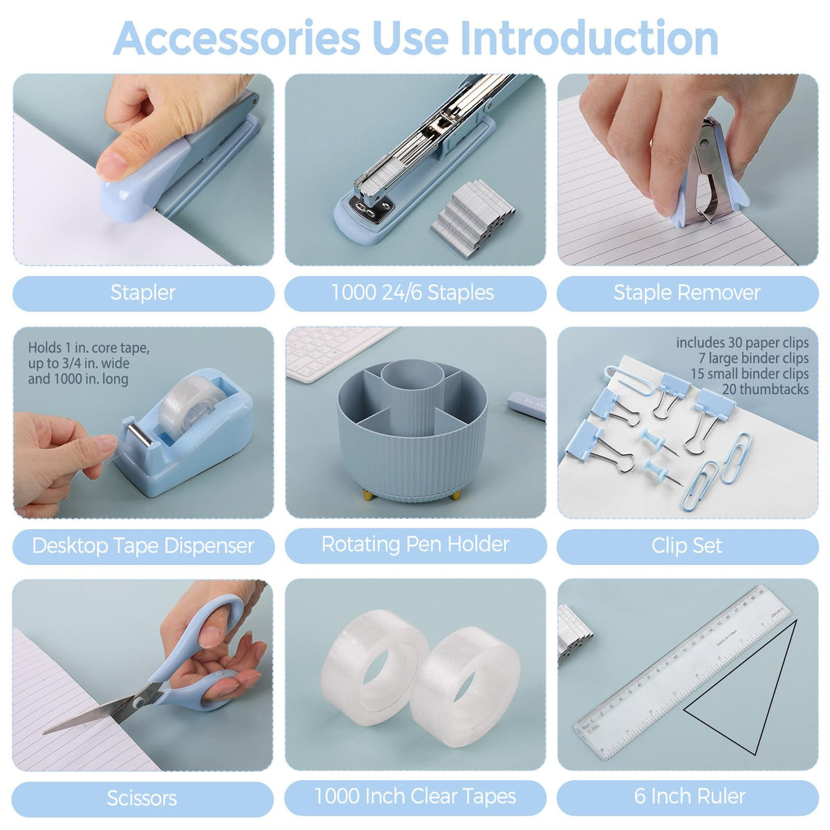 SKYDUE Desk Organizers and Accessories 10Pcs, 360-Degree Rotating Pen Holder, Stapler, Staple Remover, Tape Dispenser,2pcs Tape Refills, Binder Paper Clips Kit, Scissor (Blue)