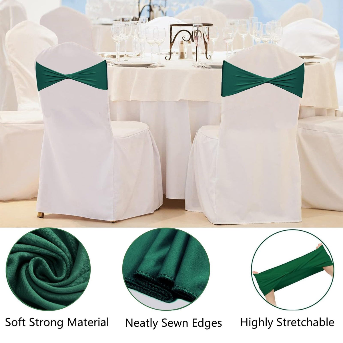 WYFMYD Spandex Emerald Green Chair Sashes 50 Pcs Dark Green Sashes Bows Elastic Chair Cover Bands Ties Without Buckle for Wedding Party Events Ceremony Birthday