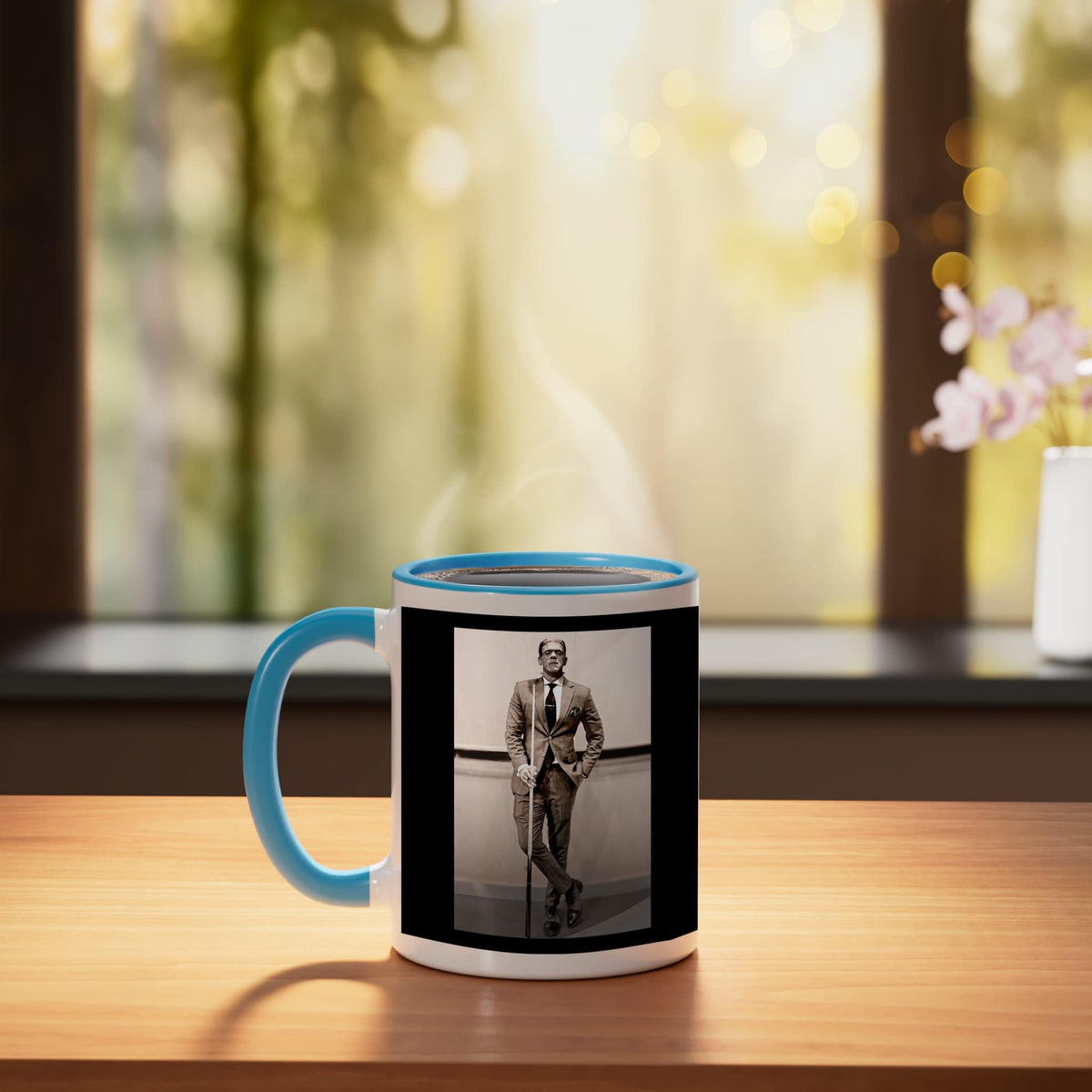 Frankenstein Dapper Frankenstein Monster In Suit Halloween Ceramic Mug, Blue/White