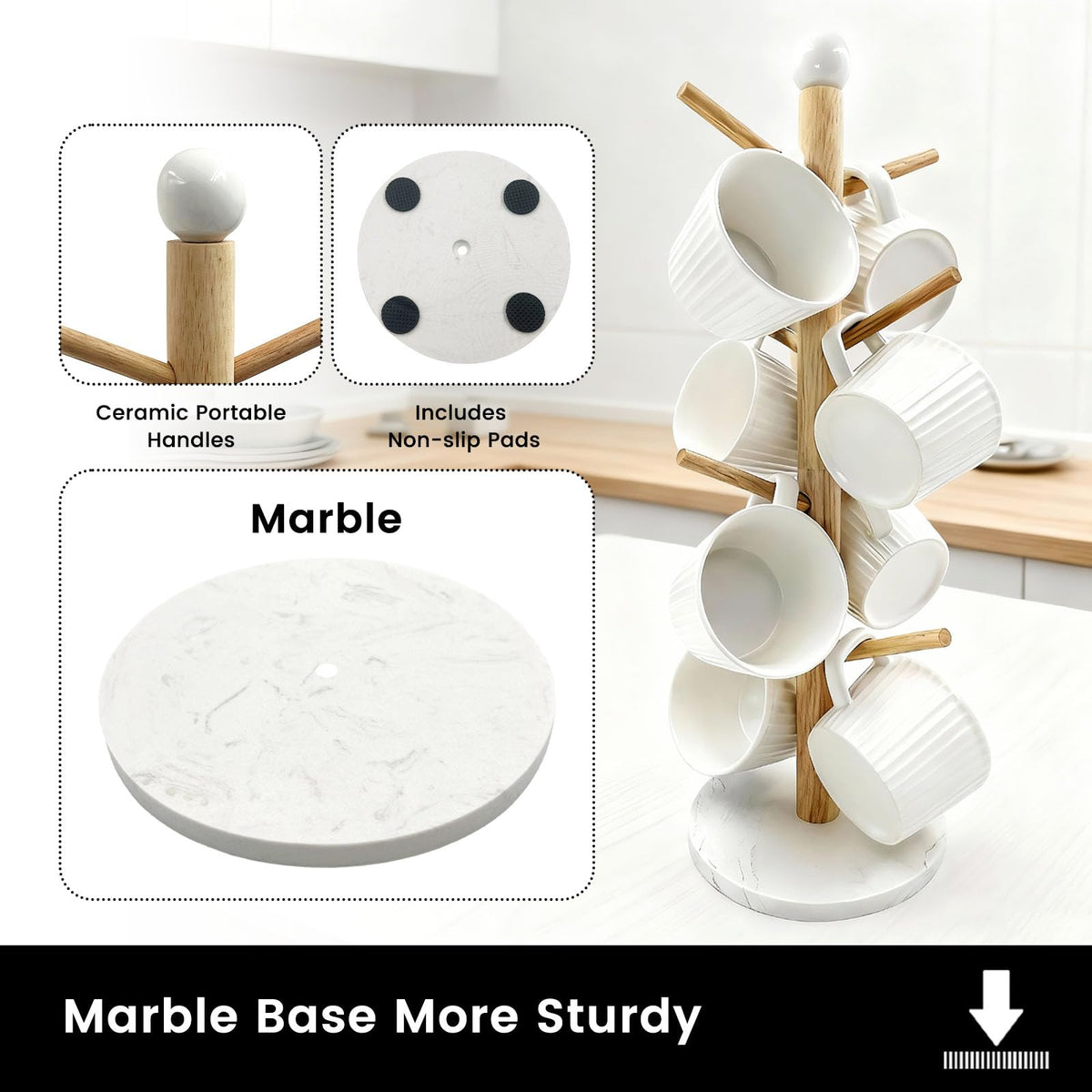 SNAIL GARDEN Screwed-in 8 Hooks Coffee Mug Holder, Marble Bas Mug Tree with Ceramic Handles, Wooden Coffee Cup Rack, Cup Stand for Counter Bar Accessories and Decor