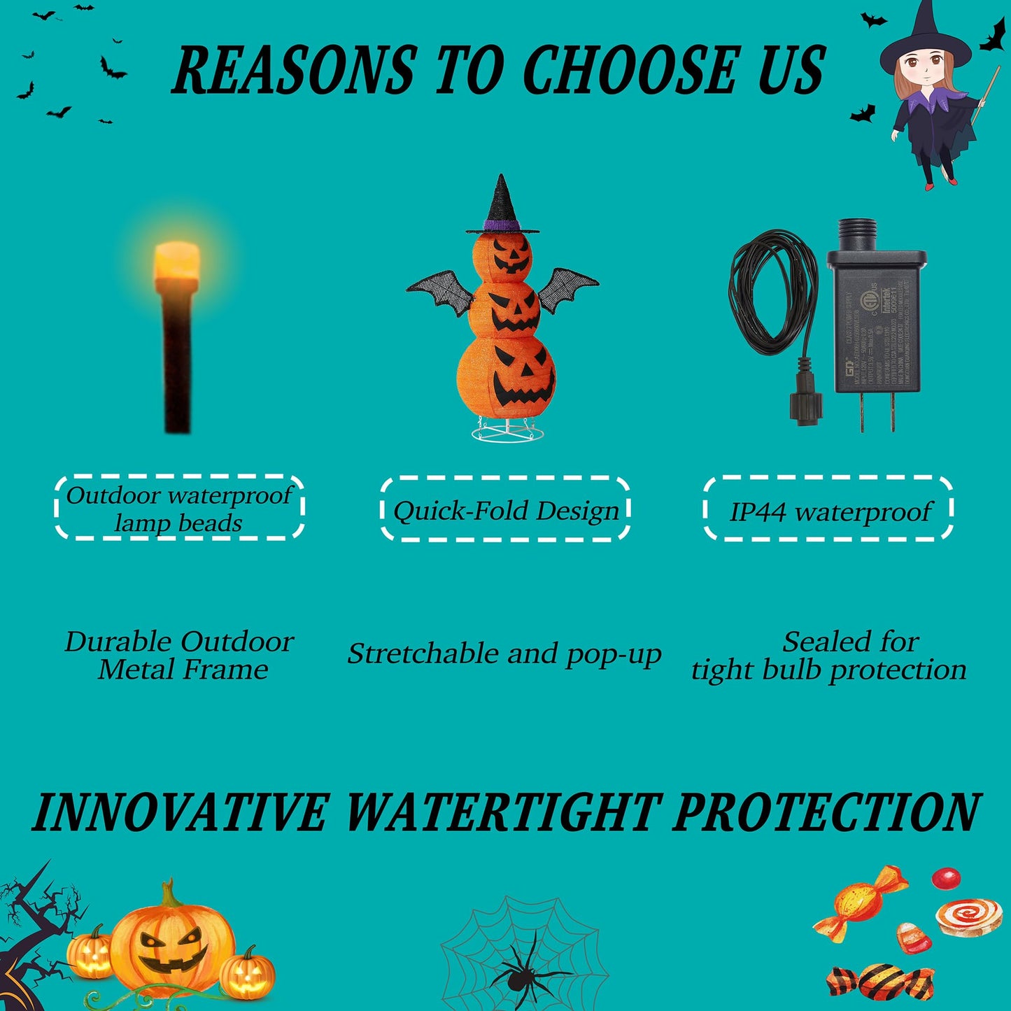 3FT-Halloween Decorations Outdoor – 37 Inch Collapsible Pumpkin Man with 40 LED Lights, Stretchable Pop Up Jack-o'-Lantern for Yard, Garden, Porch, Party Decor