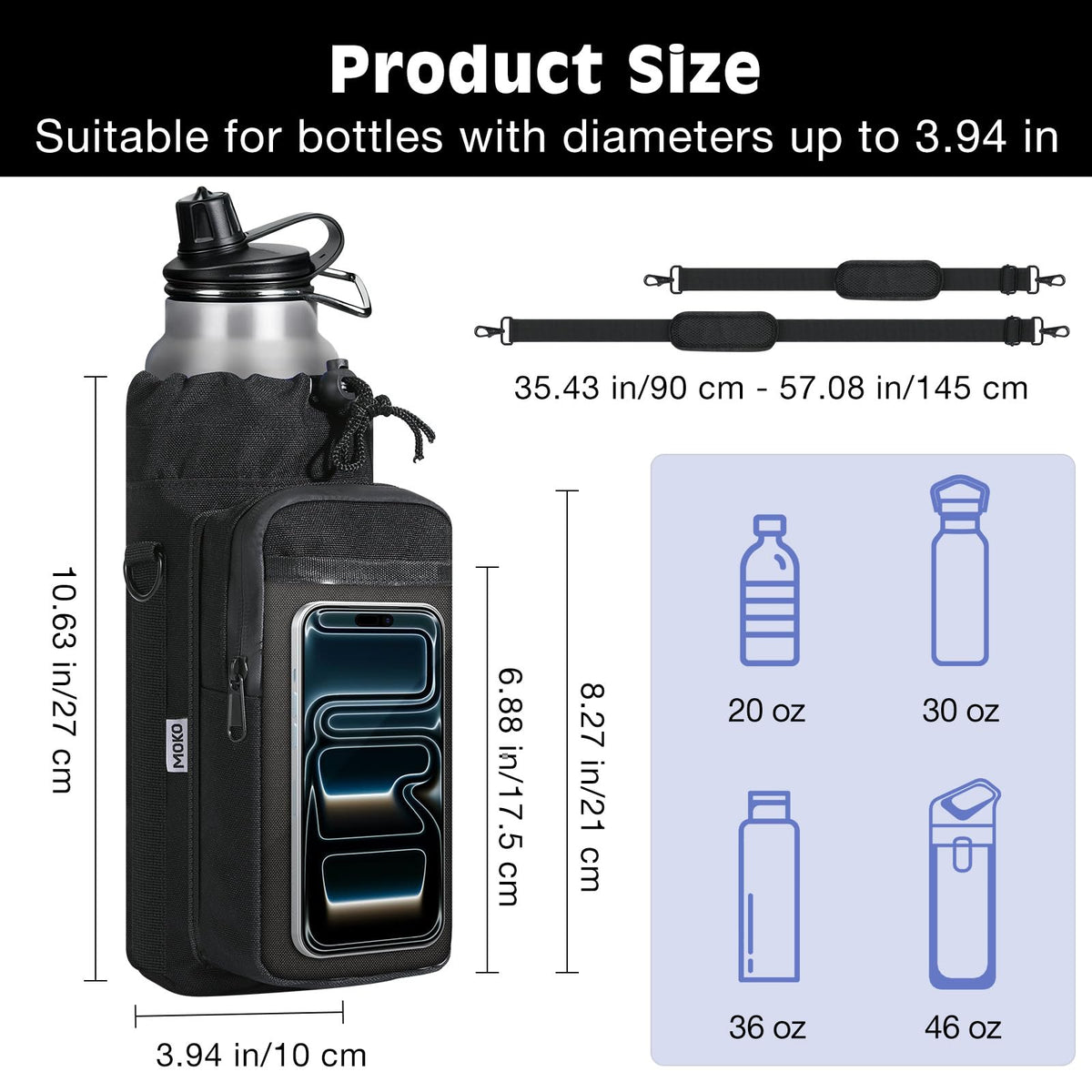 MoKo Magnetic Gym Bag, Magnetic Water Bottle Holder with Clear Phone Pouch, Built-in 4 Magnets Fitness Bag for Men and Women Compatible with Most Water Bottles, Gym Accessories Gifts, Black