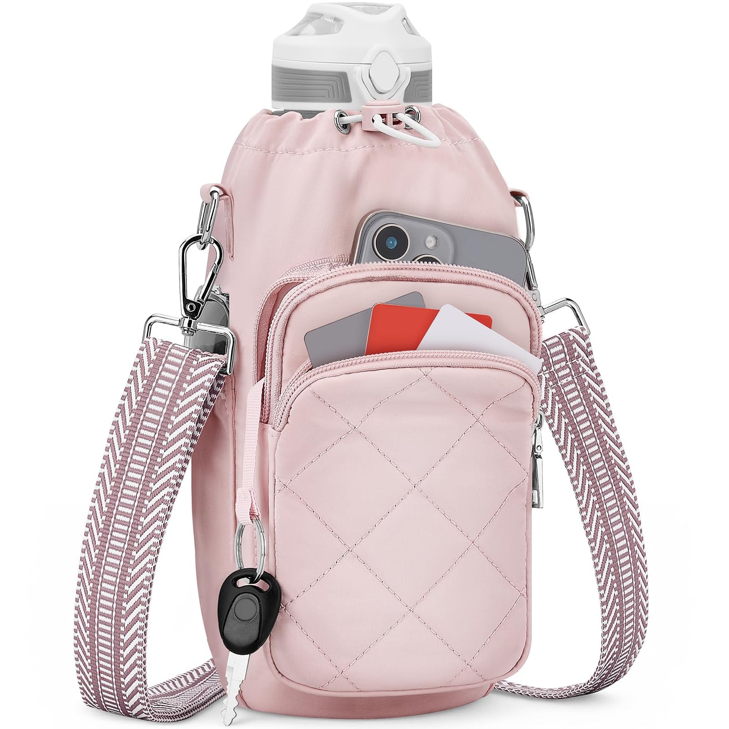 SYTRAH Water Bottle Bag Crossbody，Insulated Water Bottle Purse Crossbody Water Bottle Holder with Strap 40 oz, Sling Bag for Walking Hiking, Pink